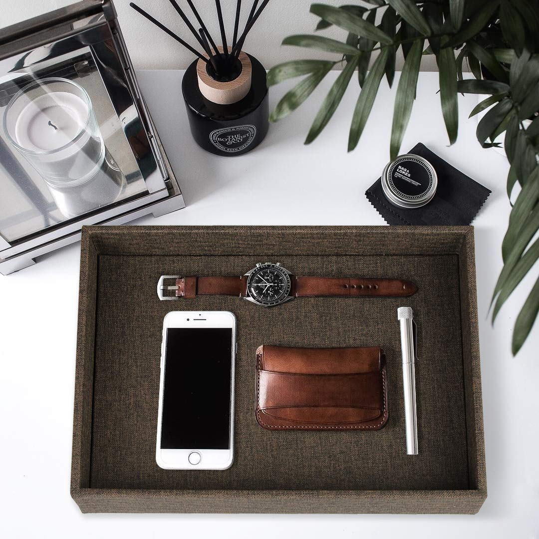 Premium HofferRuffer Leather Desktop Organizer Tray - Stylish Vanity Jewelry & Perfume Storage Box - Dresser Catchall Tray for Keys, Coins, Watches - Perfect for Home Office & Bedroom Decor (Brown Black Faux Leather)