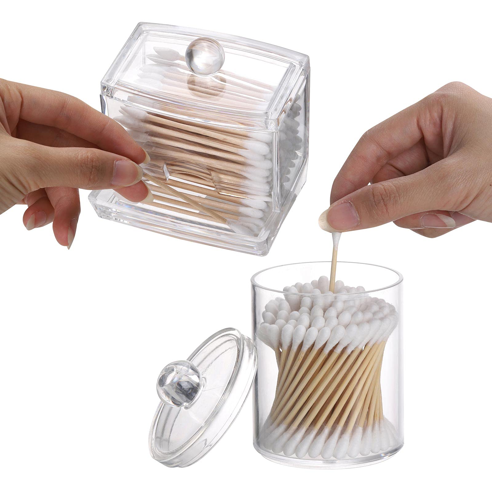 Tbestmax 10 OZ & 7 OZ Plastic Bathroom Storage Containers - Cotton Ball Holder, Qtips Dispenser & Apothecary Jar Organizer (2-Pack Set) | Perfect for Bathroom Countertop, Vanity Organization & Makeup Storage