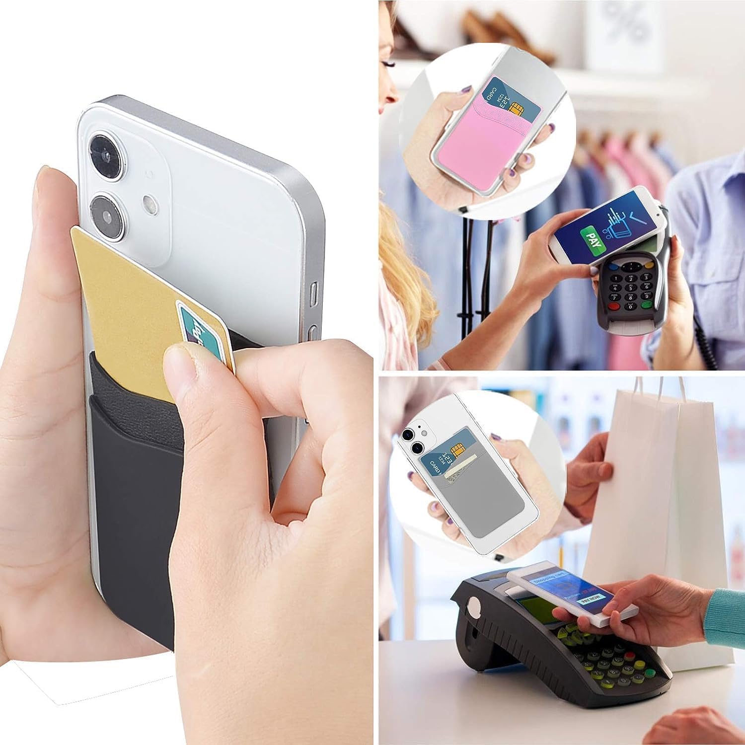 SS Phone Wallet - Stick On Card Holder Pouch with Silicone Double Pockets for iPhone, Android, Samsung Galaxy (3 Pack) | Perfect for Credit Cards, ID & Cash On-The-Go