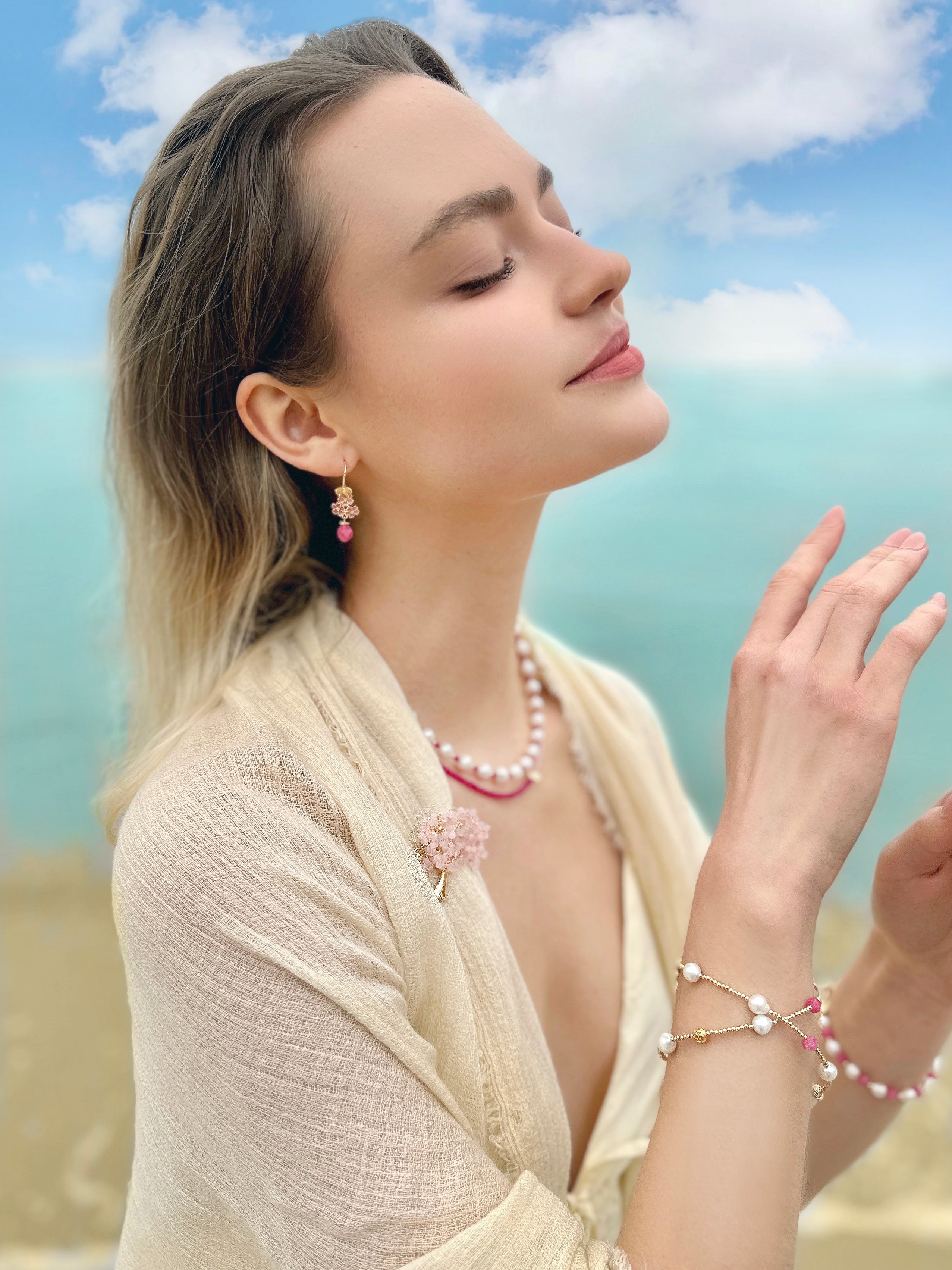 Pink Gemstone Dangle Earrings - Glazed Flower Design LE002 | Elegant Jewelry for Women, Perfect for Weddings, Parties & Special Occasions