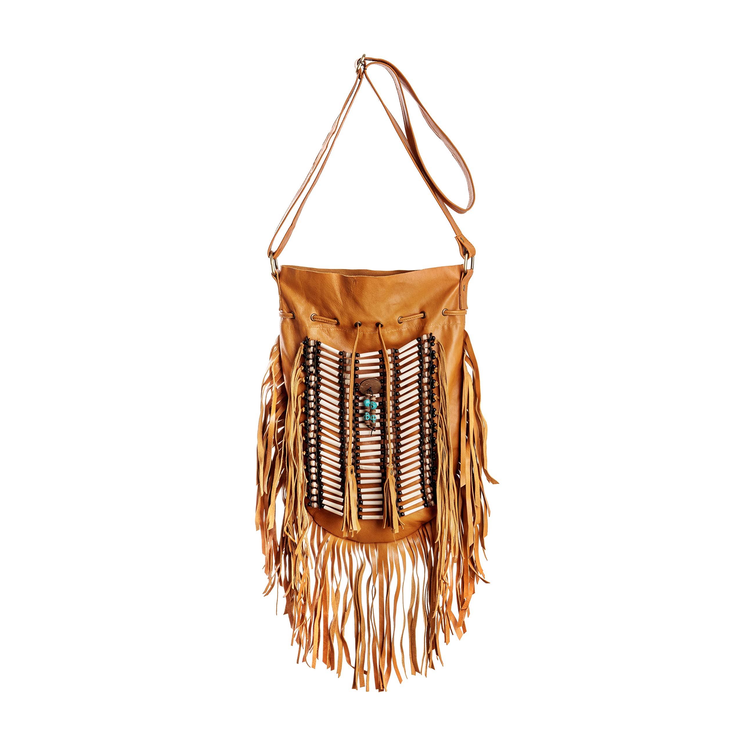 Boho Round Leather Crossbody Bag with Fringe | Genuine Leather Bohemian Purse for Women | Perfect for Music Festivals, Beach Vacations & Casual Outings