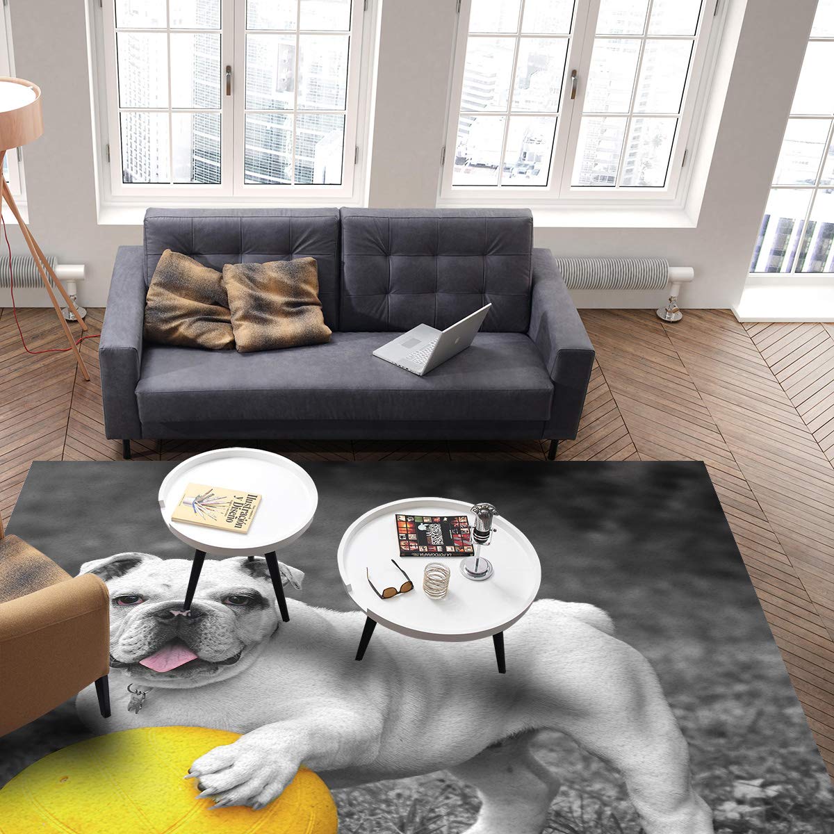 French Bulldog Yellow Ball Grey Background Washable Area Runner Rug 3'x5' - Non-Slip Indoor Outdoor Carpet for Kitchen, Living Room, Bathroom, Bedroom, Classroom & Laundry Room - Perfect as Doormat, Welcome Mat or Desk Floor Mat