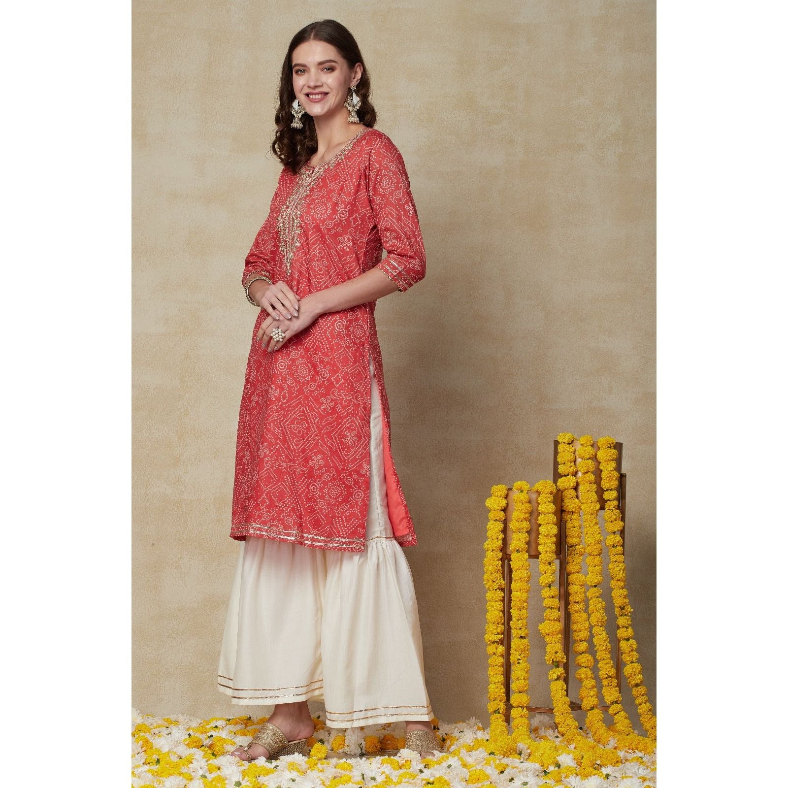 Elegant Pink Bandhini Kurta with Gotta Patti Embroidery - Traditional Indian Ethnic Wear for Women | Perfect for Festivals, Weddings & Cultural Events