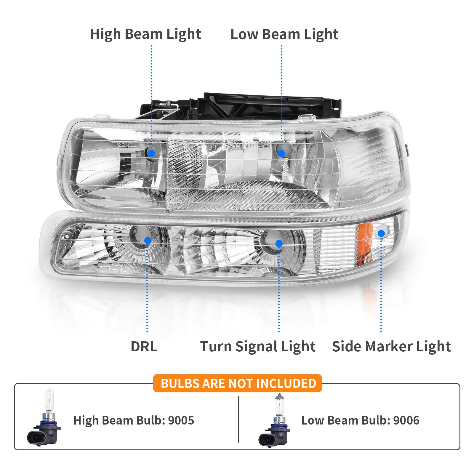 DWVO Headlights and Tail Lights Assembly for 1999-2002 Chevy Silverado 1500/2500 & 2001-2002 Silverado HD Models - Black Housing Headlights with Clear Lens Taillights Combo Kit | Perfect for Off-Roading, Night Driving & Vehicle Restoration Projects