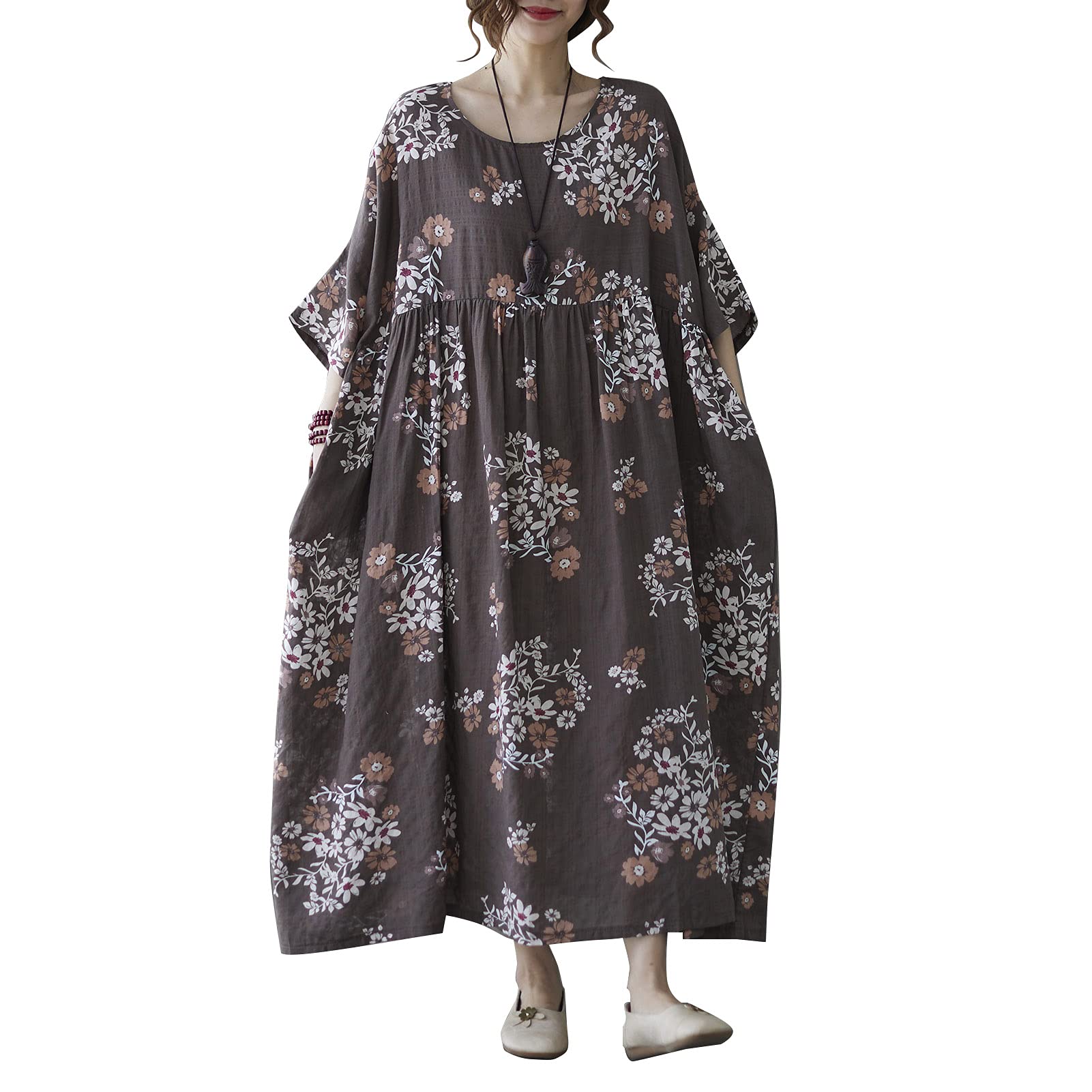 Vintage Floral Boho Maxi Dress for Women - Cotton Linen Loose High Waist Dress with Half Sleeves & Pockets | Perfect for Beach Vacation, Summer Outfits, and Casual Boho Style
