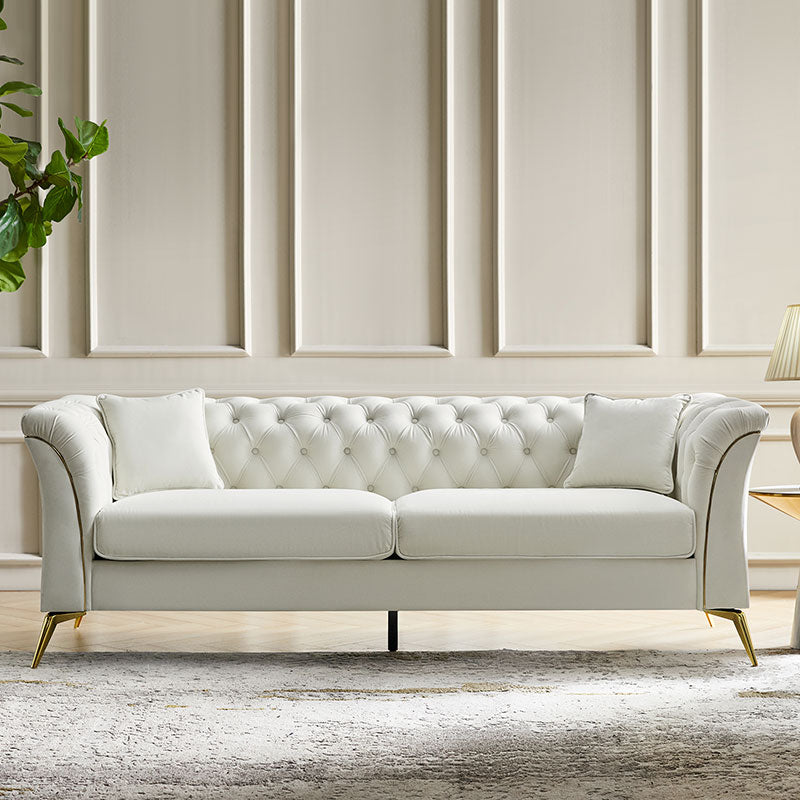 Modern Luxury Glam Velvet Sofa with Tufted Buttons & Gold Metal Accents - Elegant Living Room Furniture for Home Decor, Lounge & Entertaining