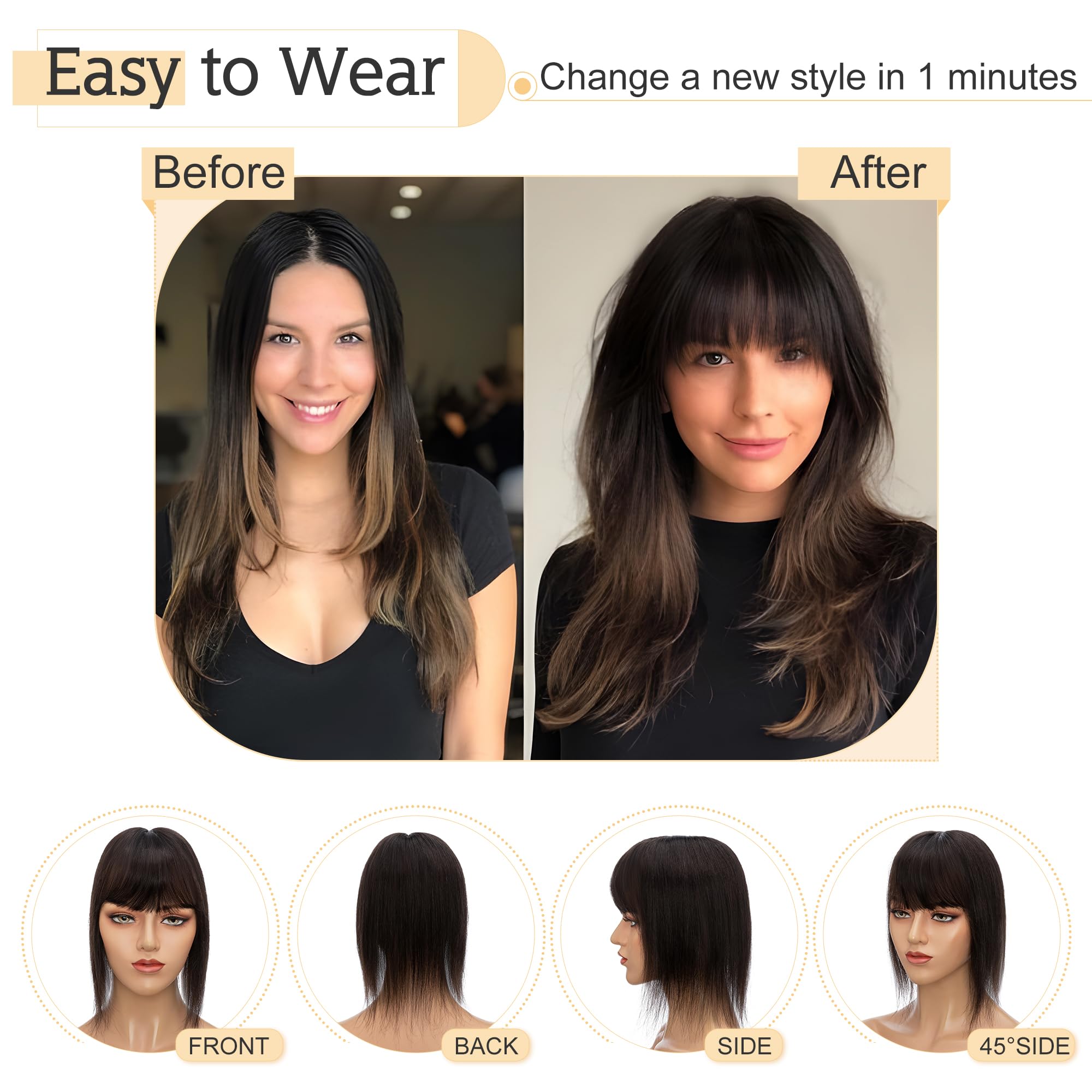 SEGO 10 Inch Natural Black Human Hair Toppers for Women with Bangs - 7x13CM Silk Base 100% Remy Clip-in Top Wiglet for Thinning Hair | Perfect for Daily Wear, Parties & Special Occasions