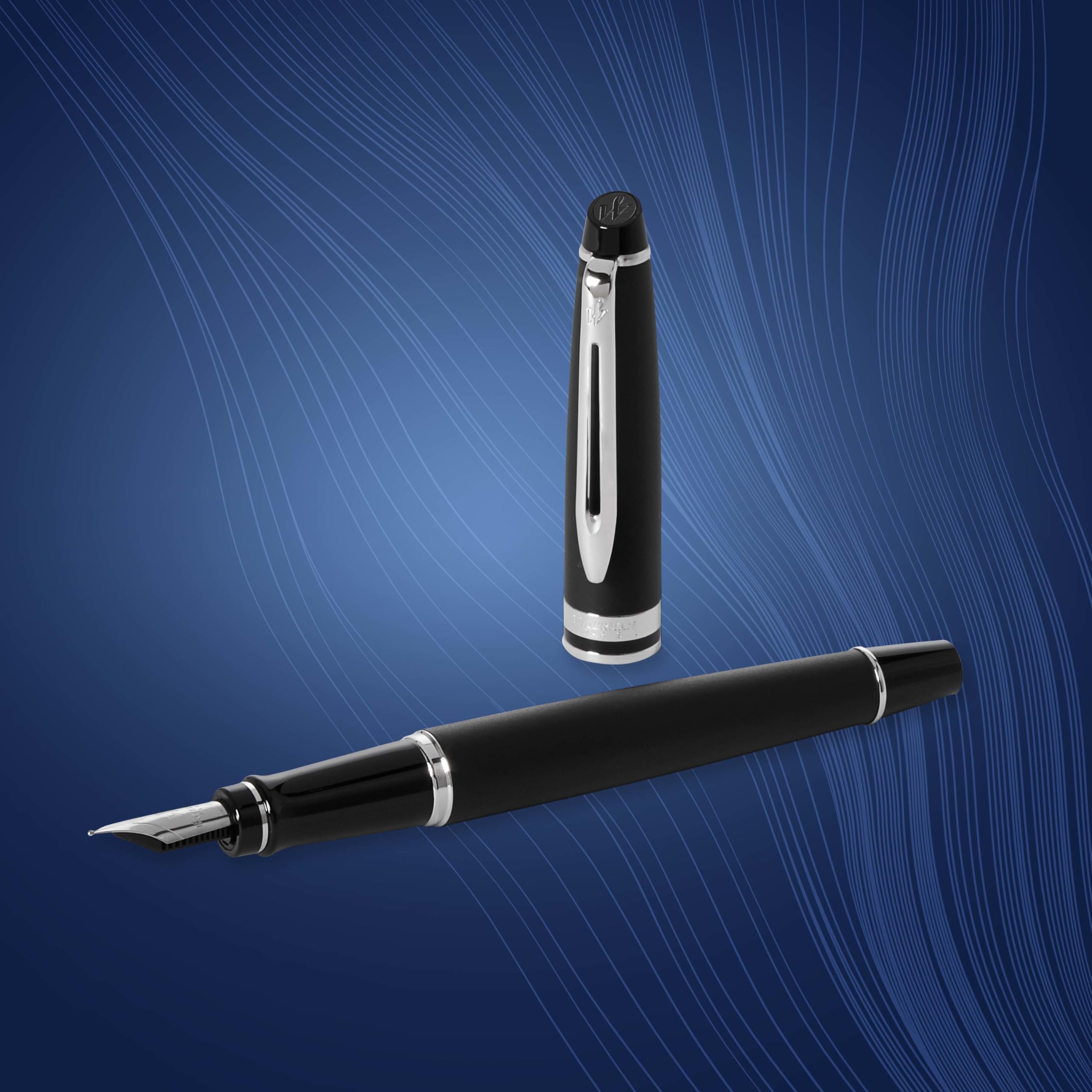 Waterman Expert Fountain Pen - Matte Black with Chrome Trim, Medium Nib & Blue Ink Cartridge - Premium Writing Instrument for Business Professionals, Calligraphy & Gift Giving