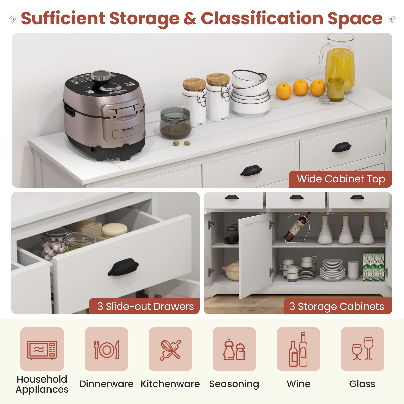 Giantex White Sideboard Buffet Server - 2 Cabinets & 3 Drawers Storage Cabinet with Adjustable Shelves for Dining Room, Kitchen, Entryway - Perfect for Home Organization & Entertaining Guests