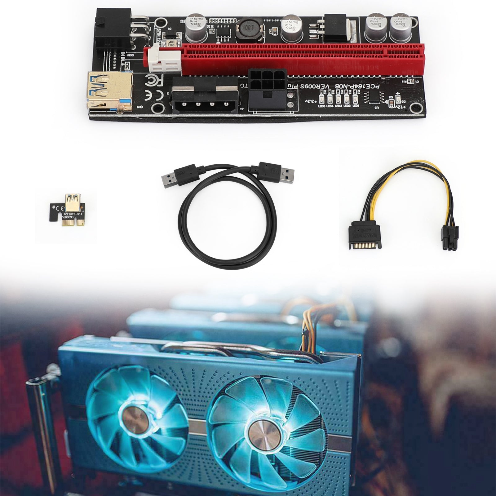 009S Plus PCIe Riser Card - PCI Express 1X to 16X Adapter with USB 3.0 Data Cable for Cryptocurrency Mining, GPU Expansion & PC Builds