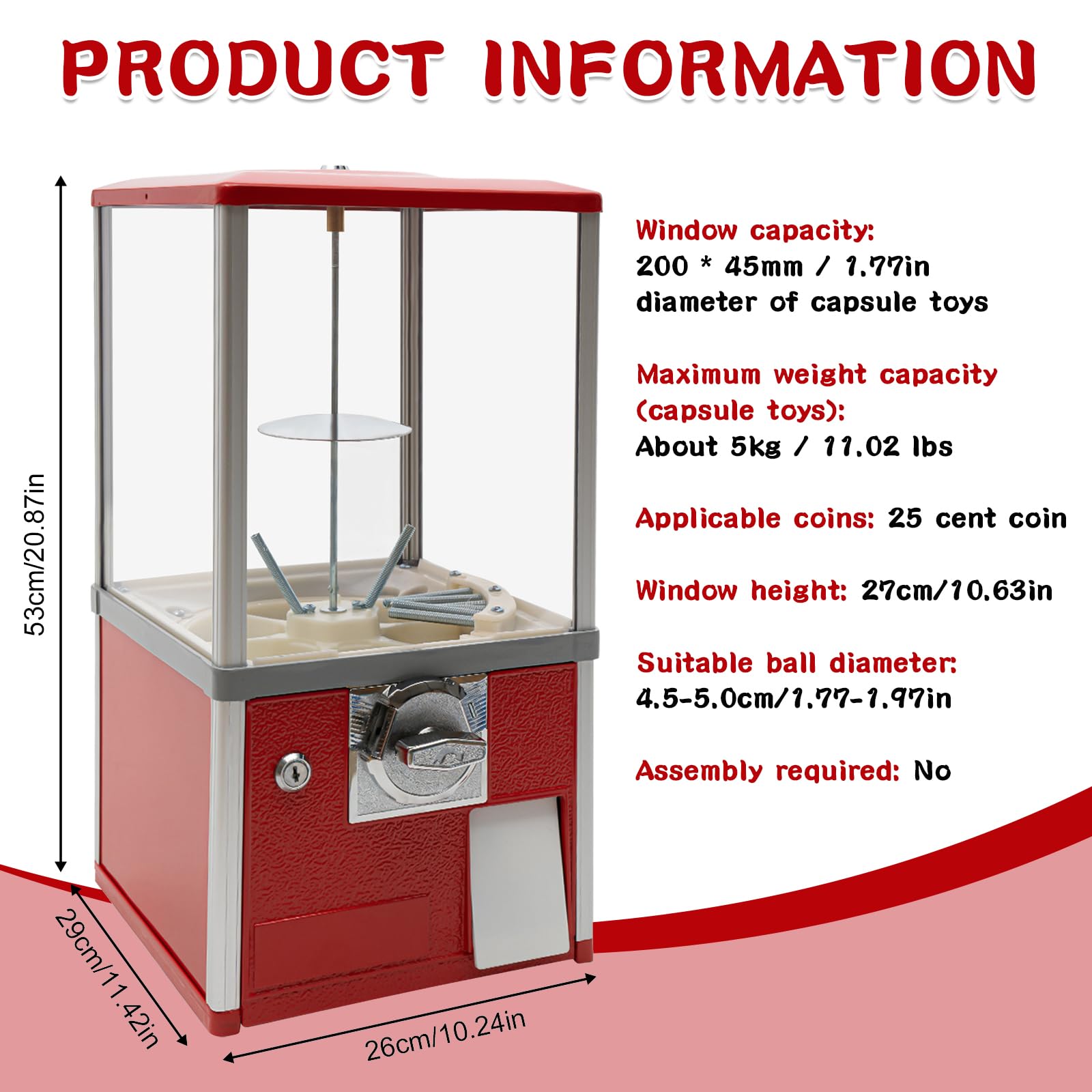 25 Cent Coin Operated Commercial Gumball Vending Machine - Toy Capsule Dispenser Prize Machine for Candy, Nuts & Feed (Red) | Perfect for Arcades, Retail Stores & Party Favors