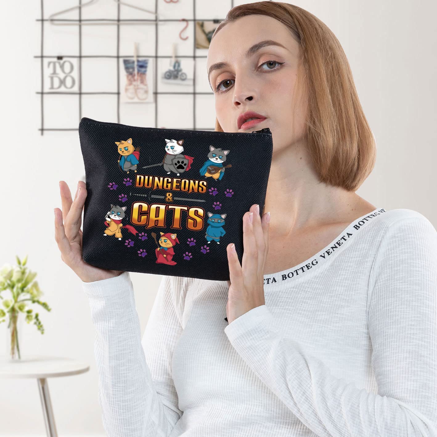 Dungeons and Cats Themed Makeup Bag - D20 Dice Dragon Master Zipper Pouch for RPG Gamers | Perfect for Cosplay, D&D Sessions & Fantasy Gift Giving