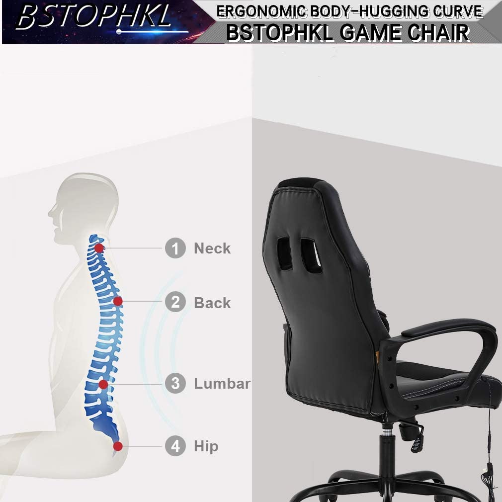 Ergonomic Gaming Chair with Massage & Lumbar Support - Adjustable Reclining Office Computer Chair with Headrest & Armrest - Rolling Swivel Video Game Chair for Adults & Teens - Perfect for Esports, Streaming & Home Office (White)