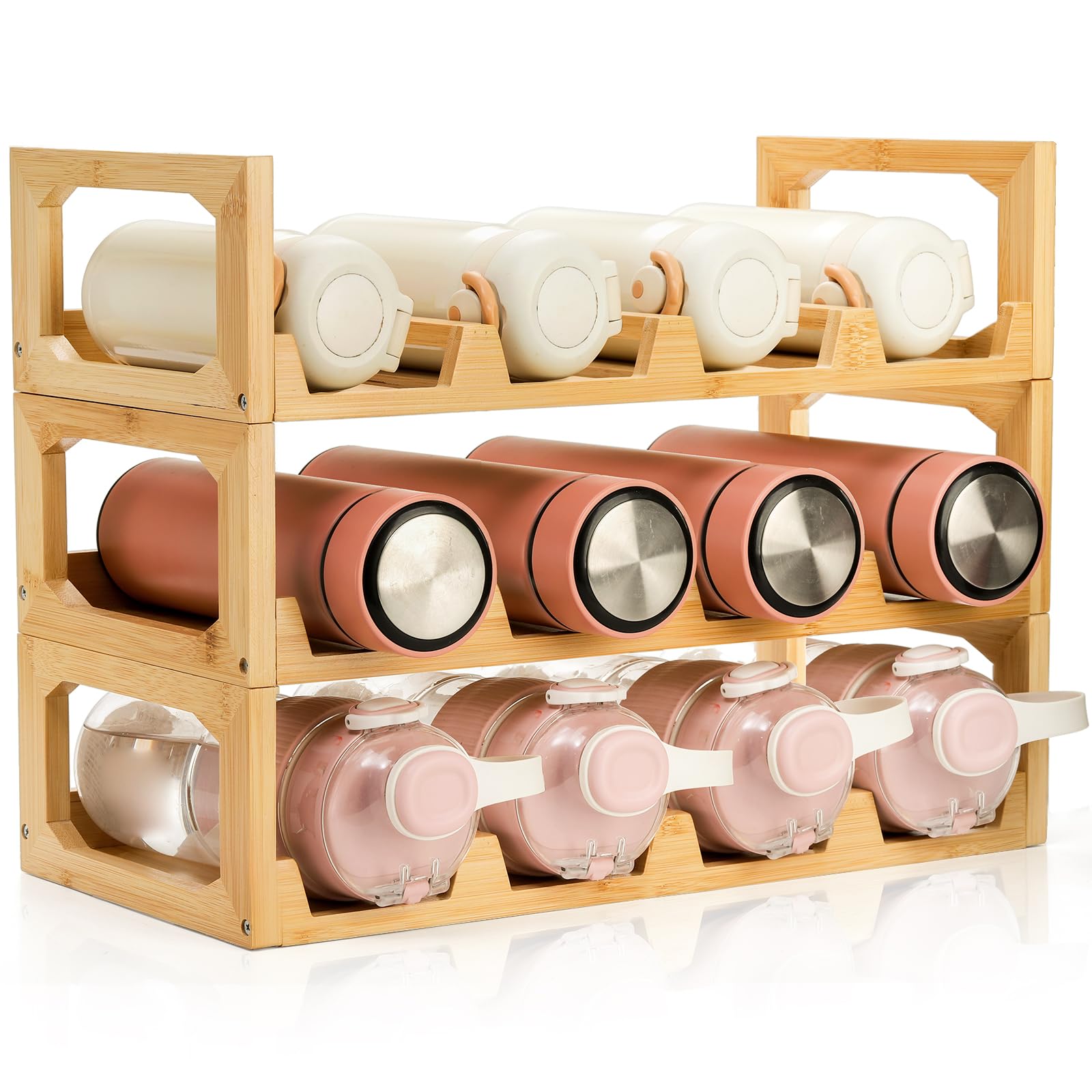 3 Tier Stackable Bamboo Water Bottle Organizer - Space Saving Tumbler & Wine Bottle Storage Rack for Kitchen Cabinet - Holds 12 Bottles - Perfect for Organizing Cups, Tumblers & Wine Bottles in Home or Office