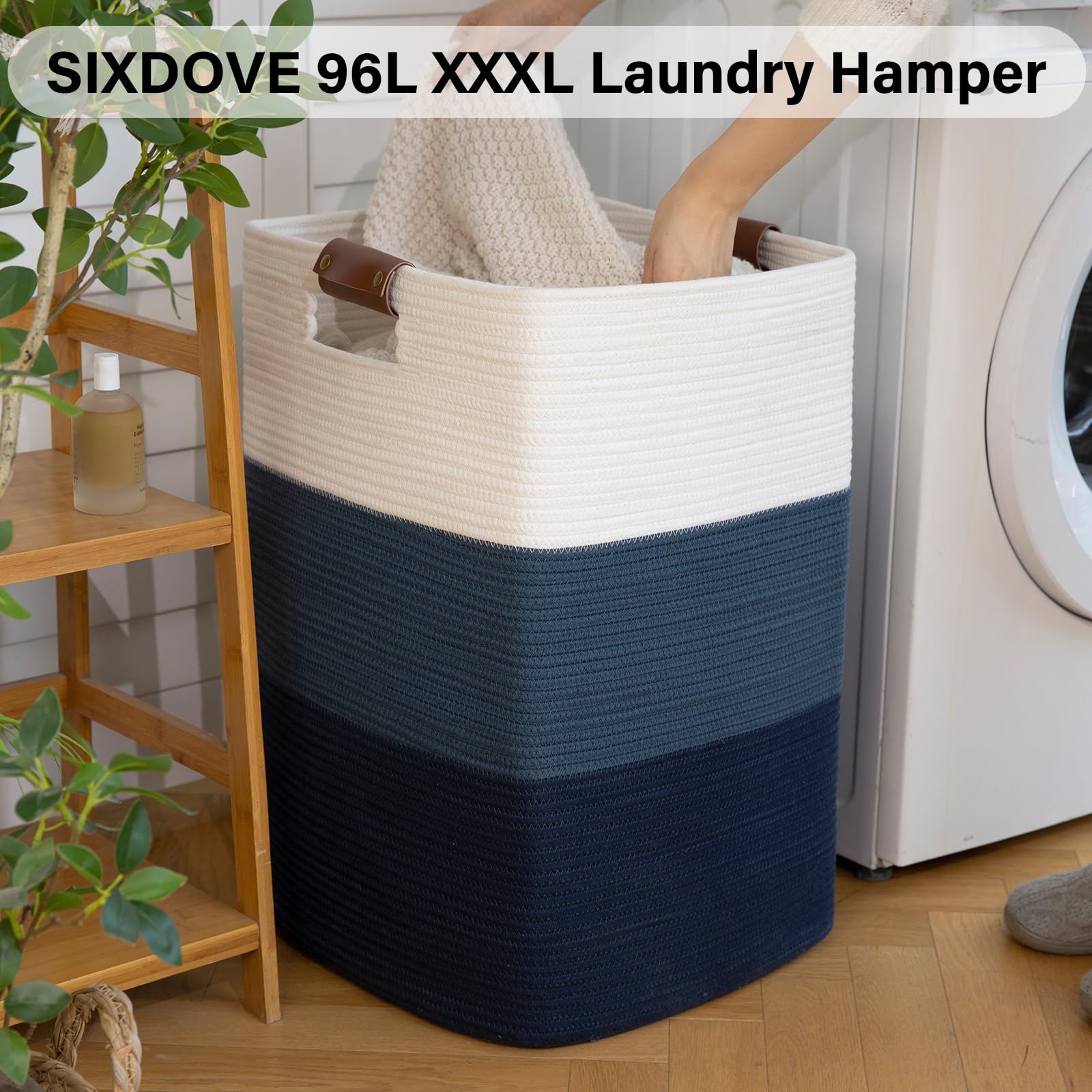 Extra Large 96L Laundry Hamper Basket - Woven Cotton Storage Bin with Handles for Blankets, Pillows & Clothes - Gradient Blue | Perfect for Living Room, Bedroom & Laundry Organization