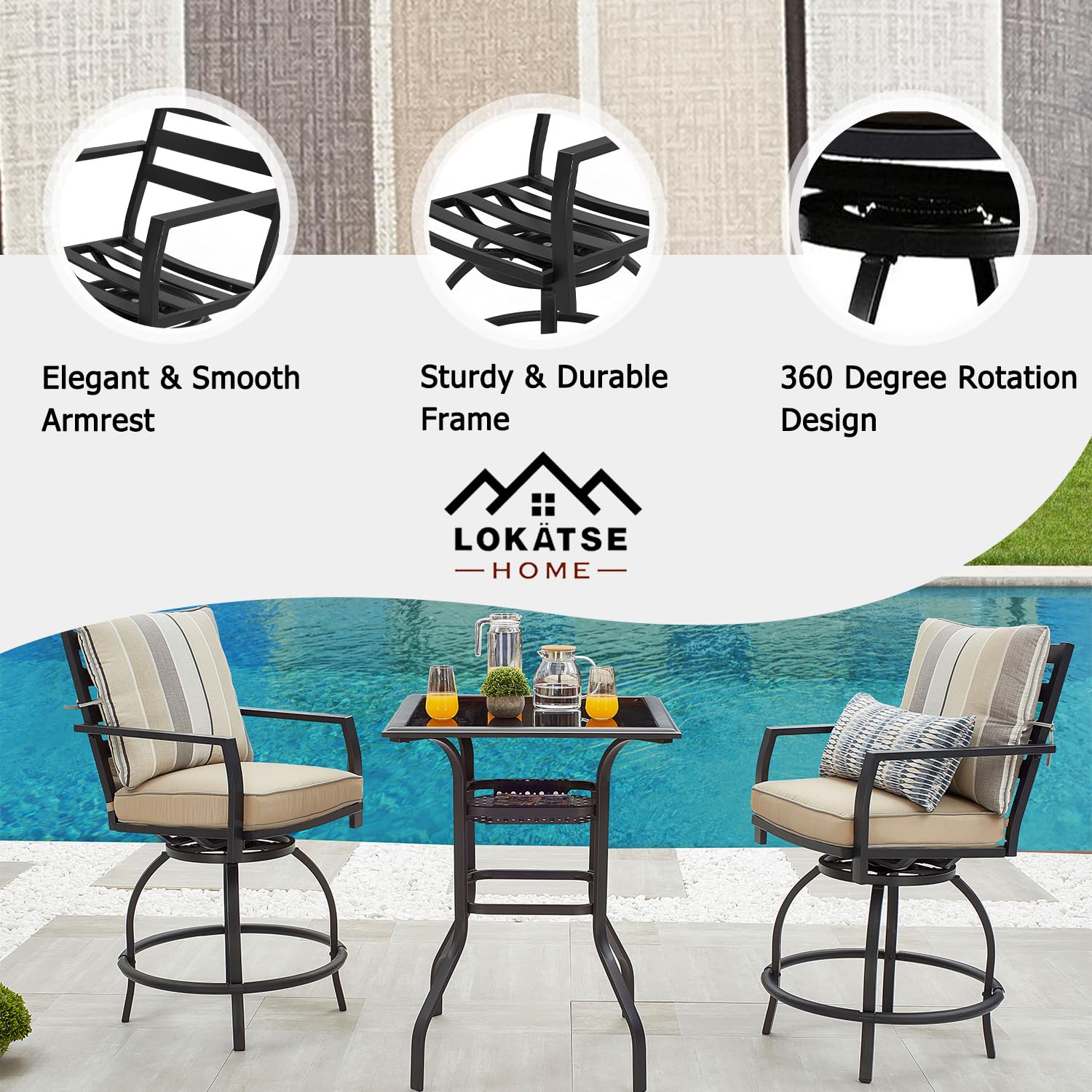 LOKATSE HOME 3-Piece Outdoor Swivel Bar Stool Set with Cushions & Coffee Table - Patio Bistro Furniture, Beige - Perfect for Backyard, Poolside & Garden Relaxation