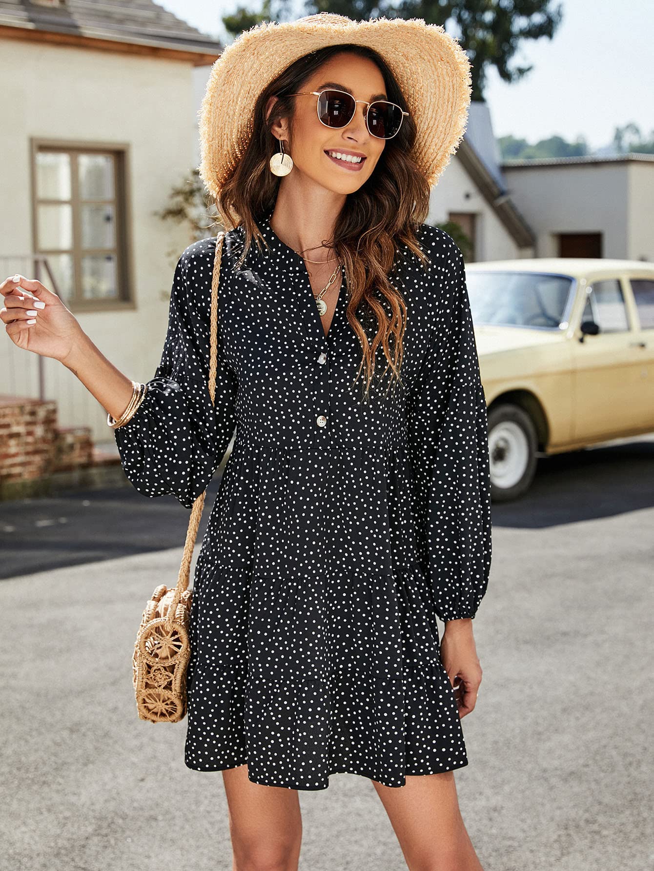 Women's Polka Dot V-Neck Button Down Ruffle Mini Dress - Loose Fit Long Sleeve T-Shirt Dress (Black, Large) | Casual Summer Outfit, Date Night, Office Wear & Vacation Dress