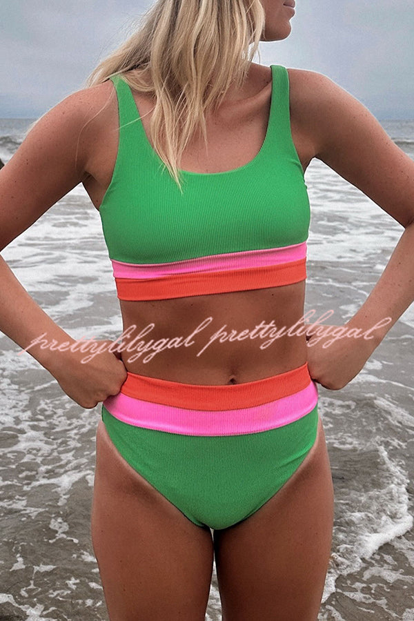Zephyra Ribbed Color Block Tank High Rise Stretch Bikini Swimsuit for Women - Sexy Summer Beachwear, Pool Party & Vacation Swimwear