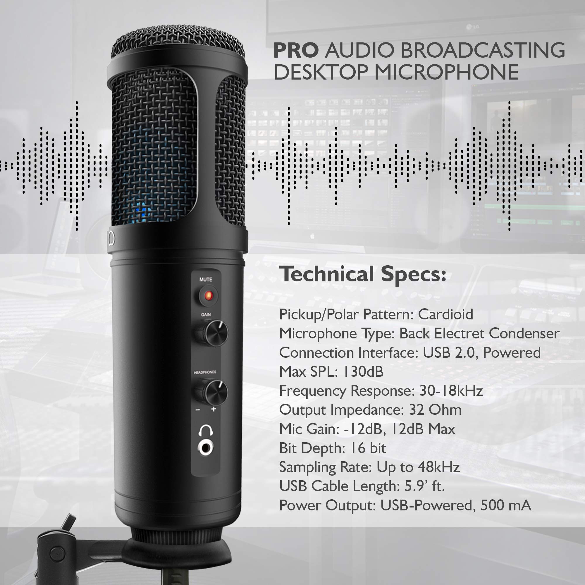 Professional USB Condenser Microphone with Blue LED, Adjustable Gain & Mute Control - Studio Quality PC Mic with Headphone Jack & Tripod Stand for Podcasting, Streaming, Gaming, Voice Recording & Home Studio Setup
