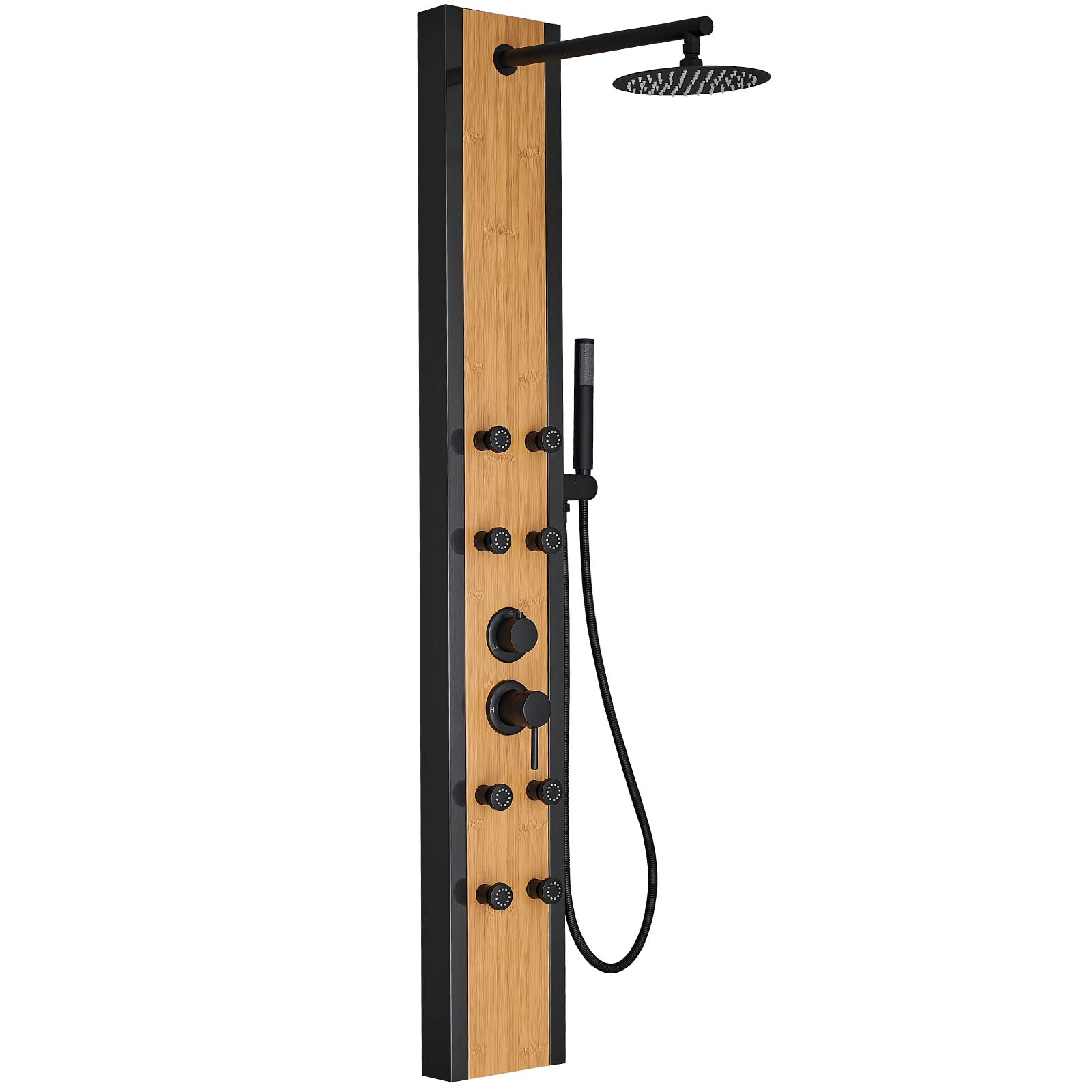 BWE 8-Jet Multifunction Shower Panel System - Black Stainless Steel & Bamboo Wood Massage Panel with Handheld Shower Wand - Wall Mount Shower Column for Spa-Like Relaxation in Bathroom