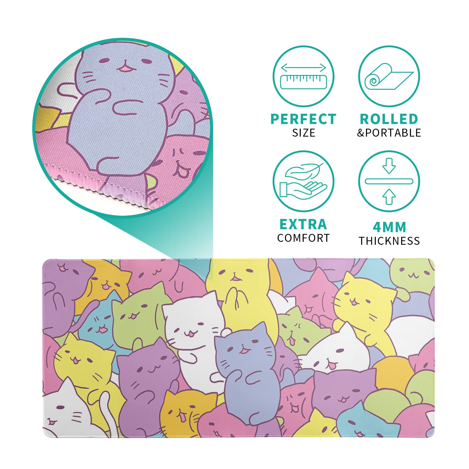 Cute Kawaii Cat Gaming Mouse Pad - Extra Large Non-Slip Rubber Base Desk Mat for Computer Keyboard & Mouse (31.5