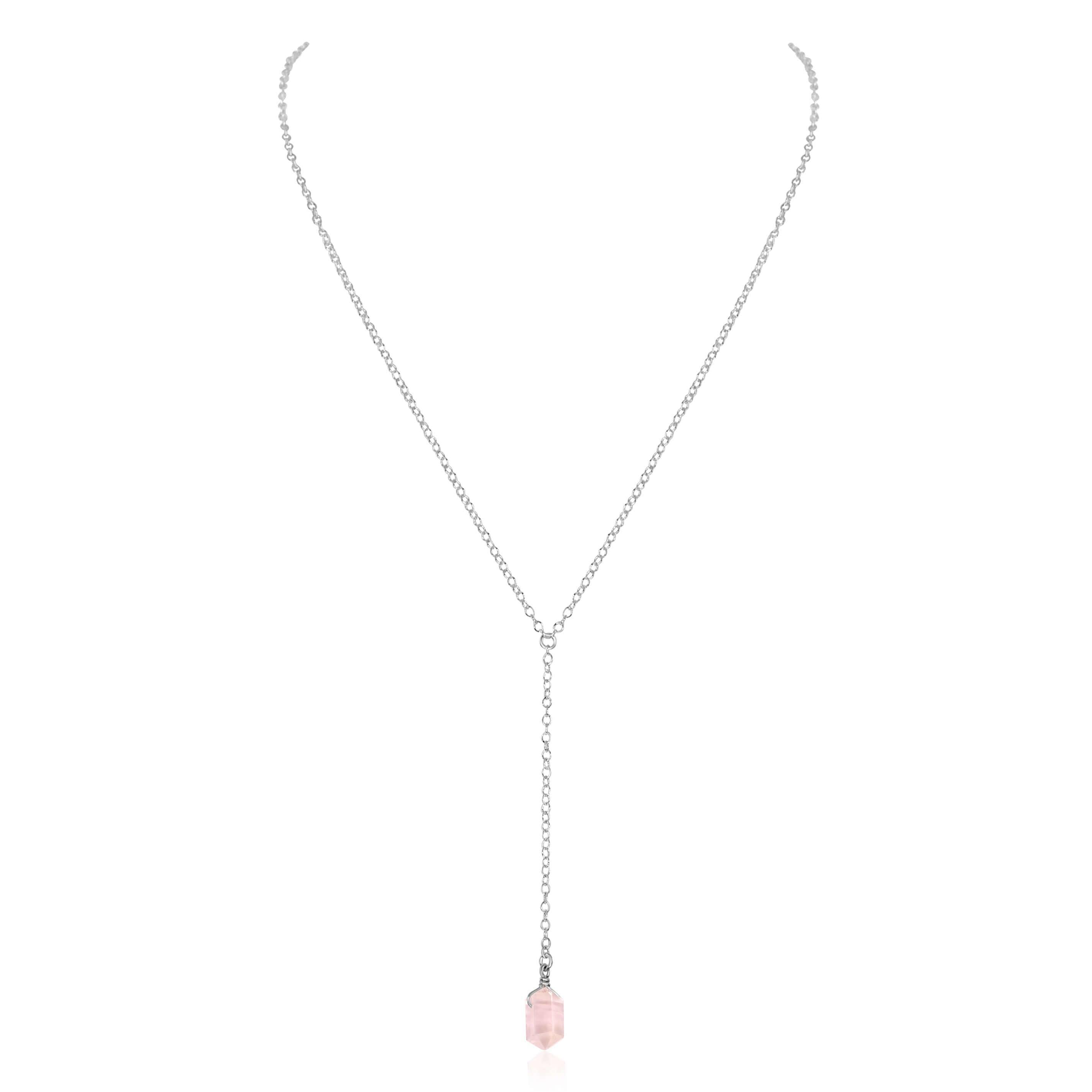 Rose Quartz Double Terminated Mini Crystal Point Lariat Necklace - Healing Stone Jewelry for Women, Dainty Boho Pendant Necklace - Perfect for Meditation, Energy Work & Everyday Wear