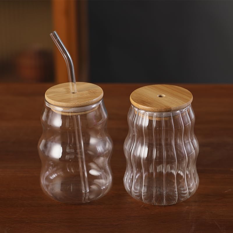 2 Pack Vintage Ribbed Glass Cups - 18oz Wave Design Bubble Drinking Glasses for Iced Coffee, Juice, Milk, Cocktails & Bubble Tea | Durable Barware for Home, Cafe & Party Use