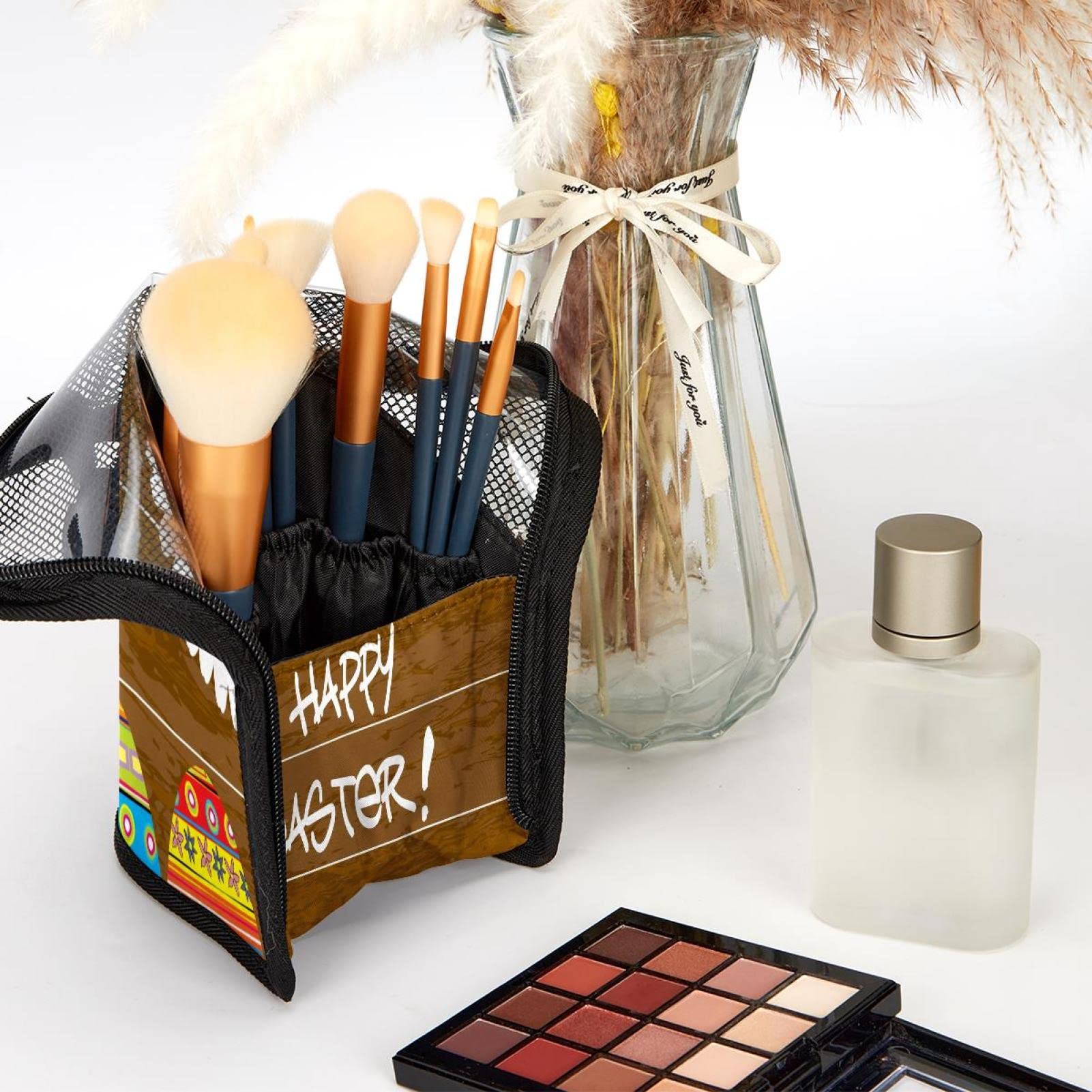 12-Piece Makeup Brush Organizer Bag with Ethnic Style Easter Eggs Daisy Print - Portable Travel Cosmetic Brush Holder Case for Professional Artists & Beginners (Perfect for Travel, Home & Salon Use)
