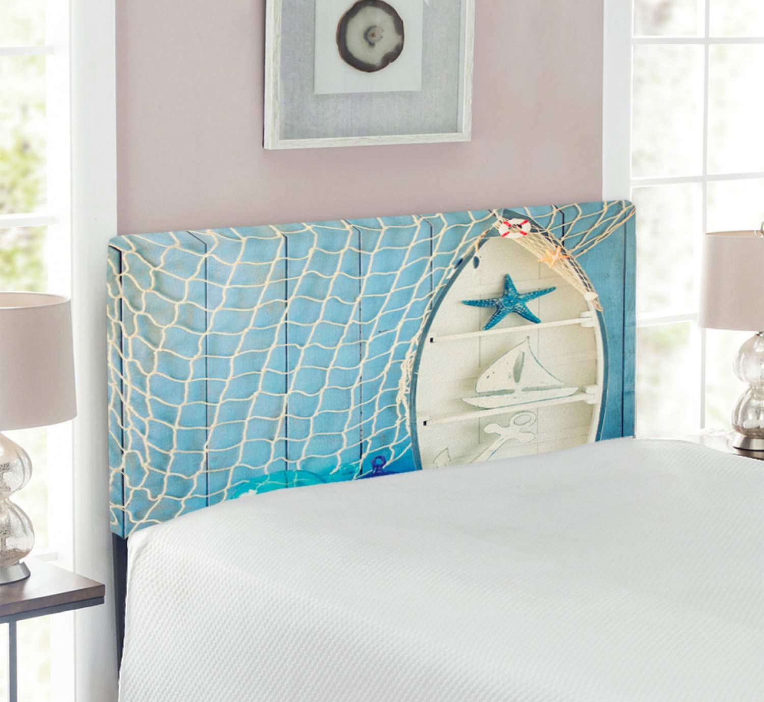 Ambesonne Nautical Upholstered Headboard - Vintage Boat, Starfish & Shell Design on Wooden Backdrop with Memory Foam - Twin Size Blue & White Decorative Metal Bed Headboard - Perfect for Coastal, Beach House or Nautical Theme Bedrooms