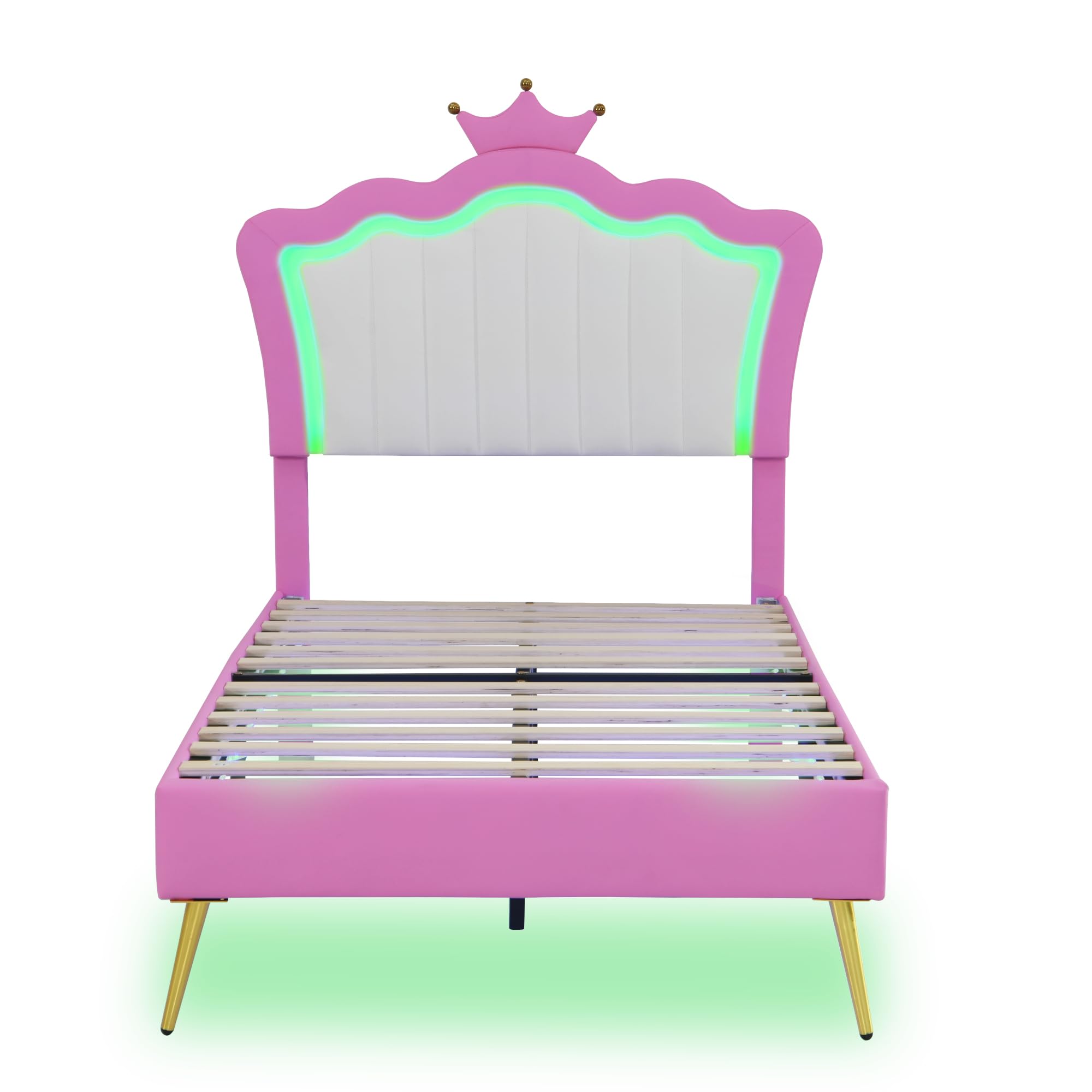 Linique Twin Size Upholstered LED Bed Frame with Crown Headboard - Modern Princess Bed in Pink & White | Perfect for Girls' Bedroom, Teen Room Decor & Fairy Tale Themed Spaces