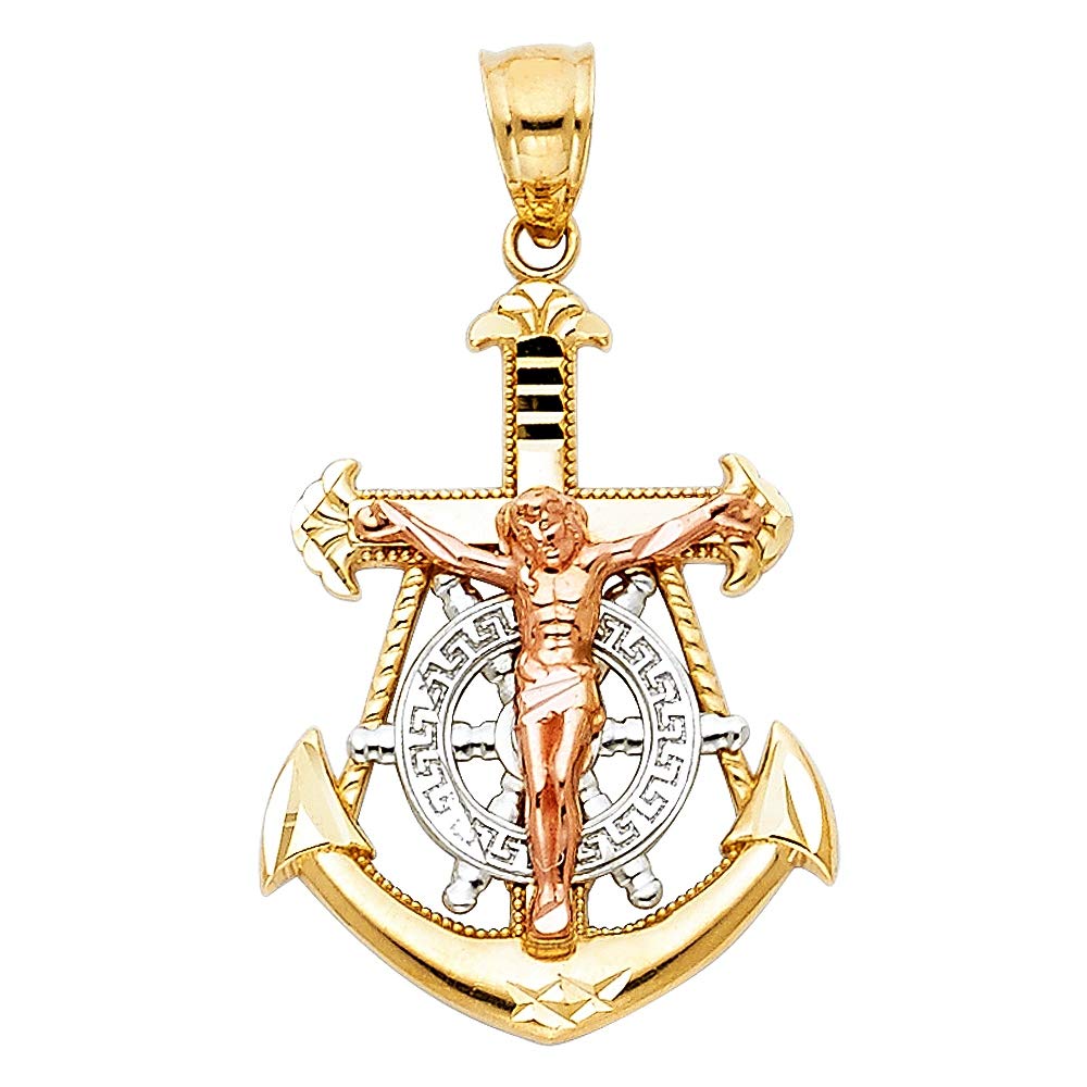 14K Yellow Gold, White Gold & Rose Gold Mariner Cross Pendant Necklace - 20x30mm Religious Jewelry for Women - Perfect for Church, Baptism, Weddings & Daily Faith Inspiration