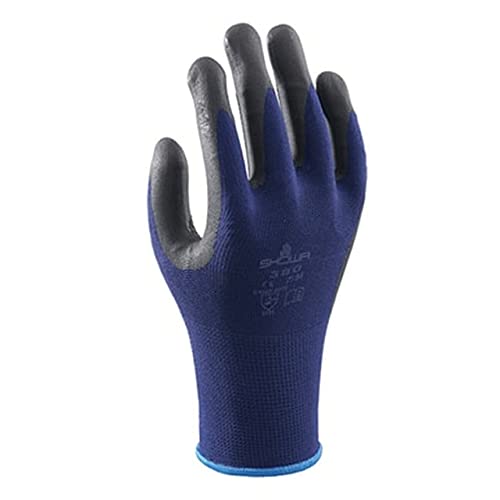 SHOWA Atlas 380 Foamed Nitrile Gloves with Patented Waffle Pattern - X-Large (12 Pairs Pack) - Blue - Ideal for Automotive, Construction & Industrial Work - Oil & Chemical Resistant Safety Gloves