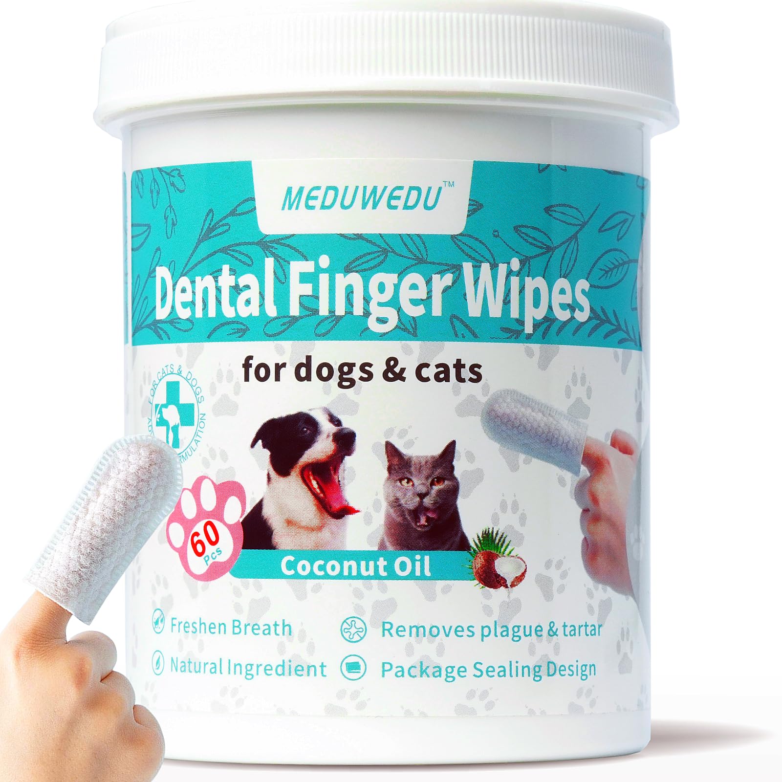 60 Count Dental Care Finger Wipes for Dogs & Cats - Coconut Scented Teeth Cleaning Wipes to Reduce Plaque & Freshen Breath | Perfect for Puppy, Kitten & Pet Oral Hygiene at Home or Travel