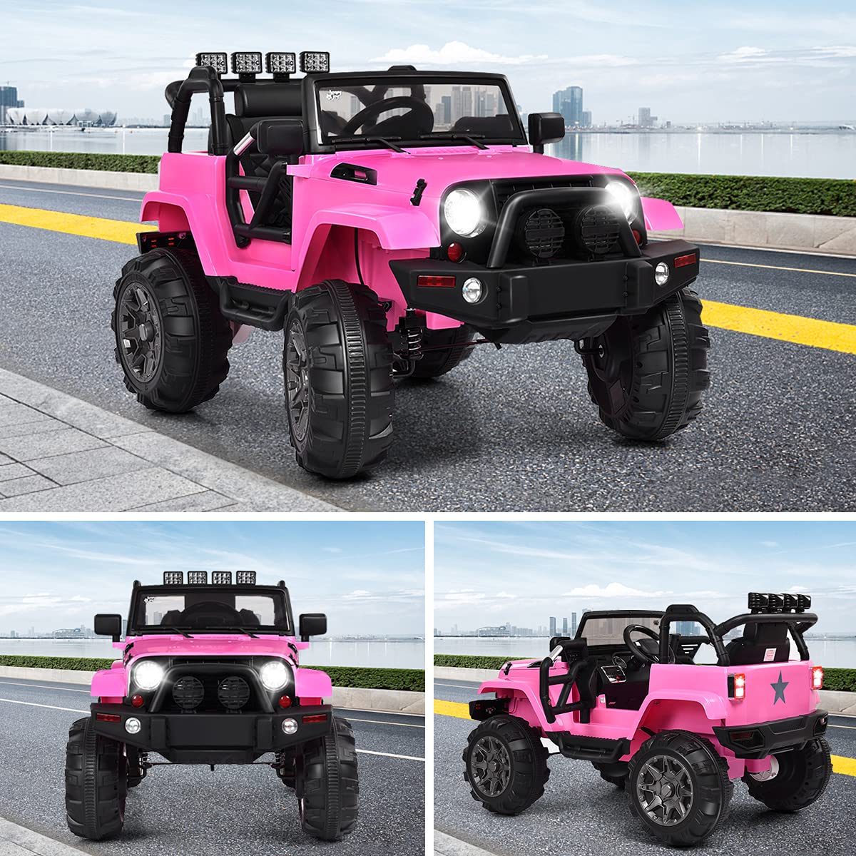 Costzon 12V Electric Ride On Truck for Kids - Battery Powered, Parental Remote Control, LED Lights, Double Doors, Safety Belt, Music & MP3 Player, Spring Suspension - Pink Kids Car for Outdoor & Indoor Play