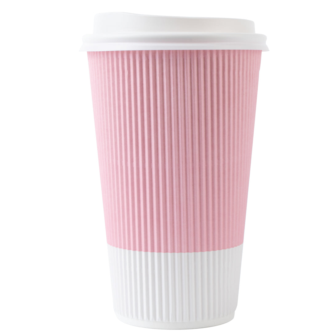 16 oz Light Pink Ripple Wall Paper Coffee Cups with White Lids - 20 Count Bulk Pack (3.5