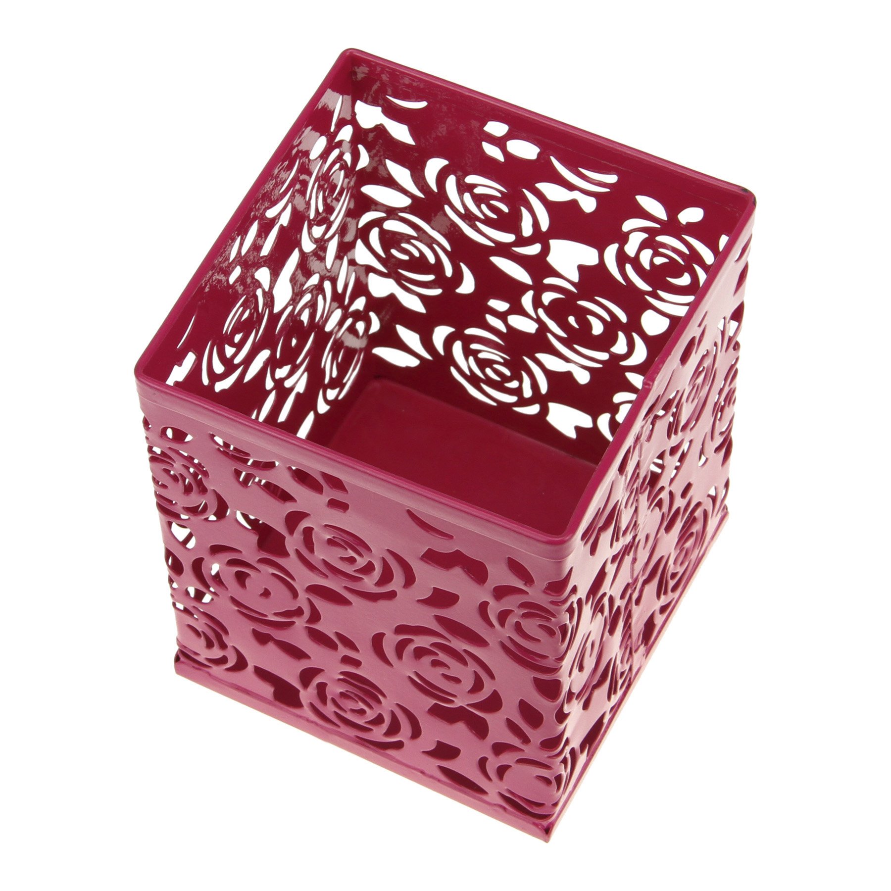 Clobeau Metal Rose Design Square Pen Holder - Stylish Desk Organizer for Office & Home, Pencil Cup Case with Flower Pattern (Rose Red) - Perfect for Workspace, Study & Gift Giving