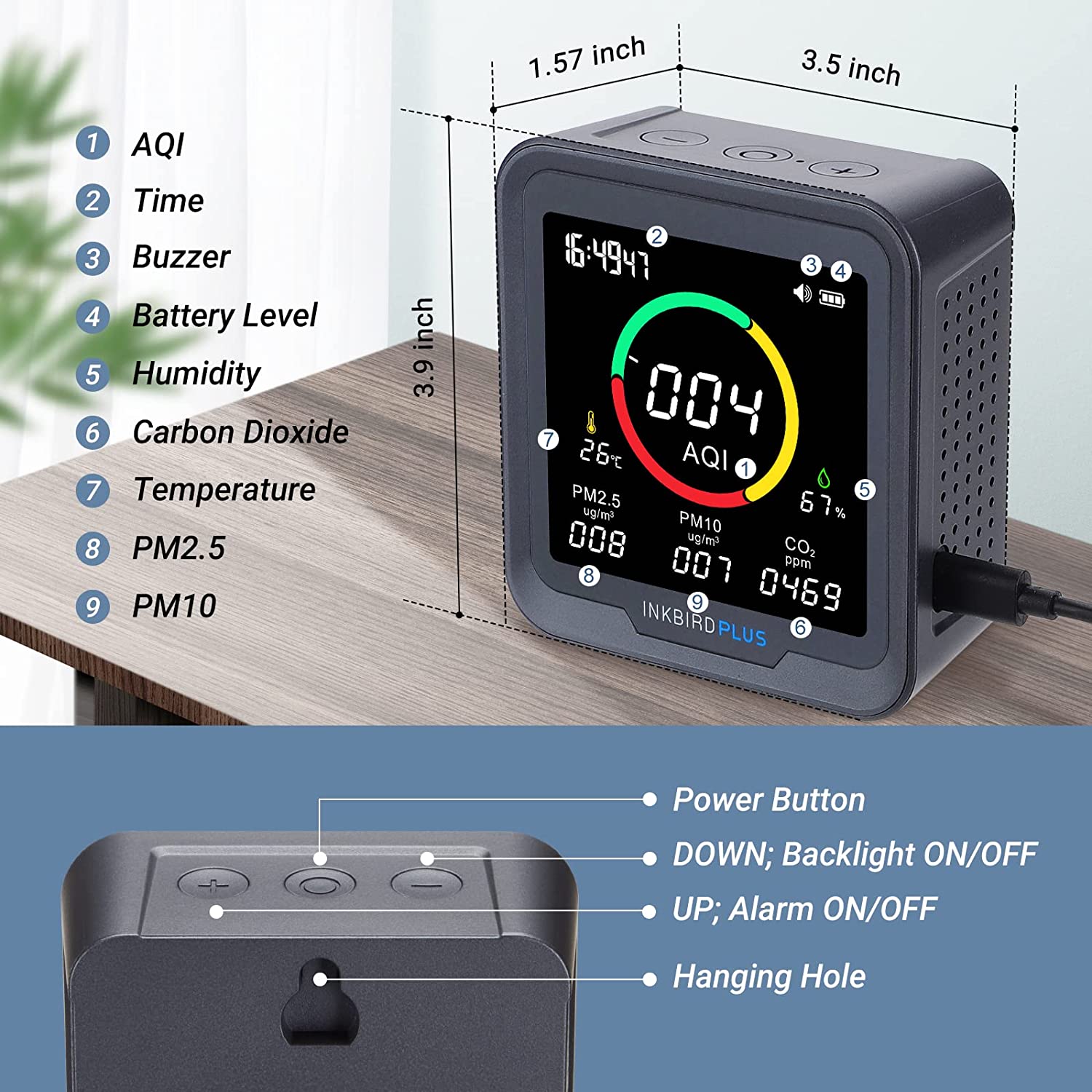 6-in-1 Digital CO2 Detector with PTH 9A Sensor - Monitor Air Quality for Home, Office, and Indoor Spaces