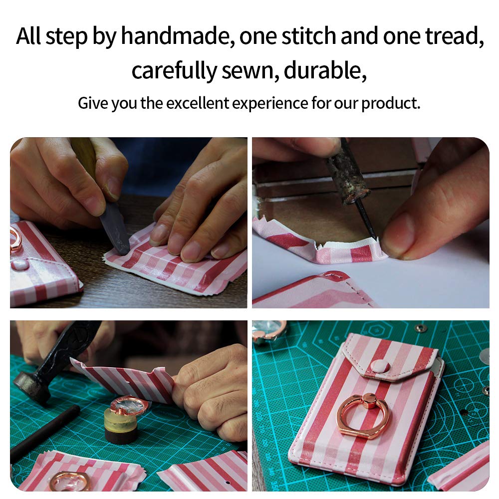 RFID Blocking Ring Stand & Adhesive Wallet Card Holder for iPhone, Android & All Smartphones - Stick on Phone Back for Credit Cards - Pink Striped Design | Perfect for Hands-Free Viewing, Contactless Payments & Everyday Convenience