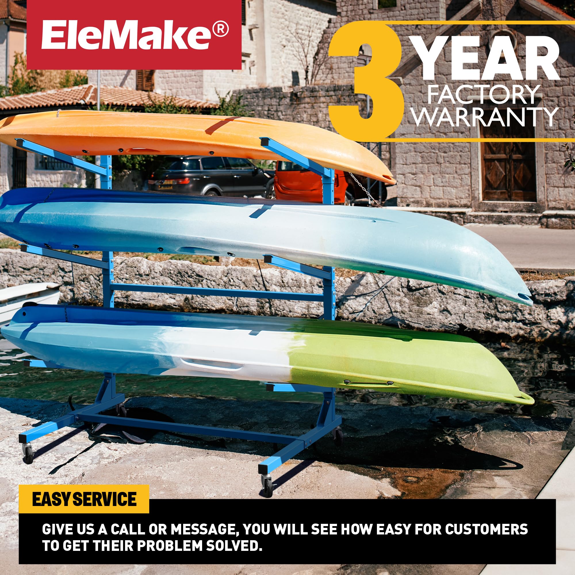 Elemake Heavy Duty Kayak Storage Rack with Wheels - Adjustable Freestanding Water Sports Rack for SUP, Paddleboard, Surfboard - Indoor/Outdoor Weatherproof Holder for Garage, Backyard, Dock Storage