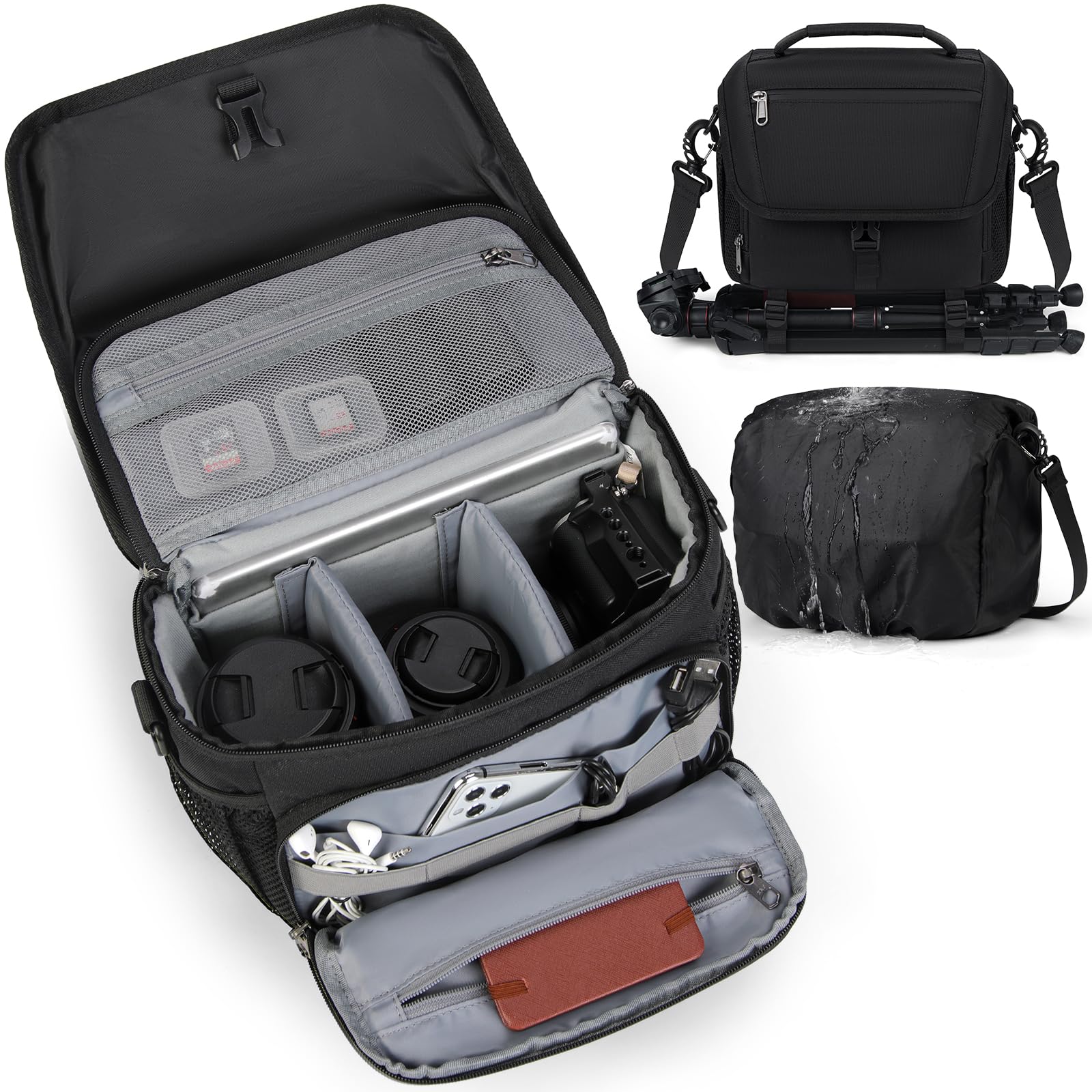 Waterproof DSLR/SLR/Mirrorless Camera Sling Bag with Tripod Holder & Rain Cover - Crossbody Camera Case for Canon Nikon Sony Fuji - Perfect for Outdoor Photography Travel & Hiking (Black)