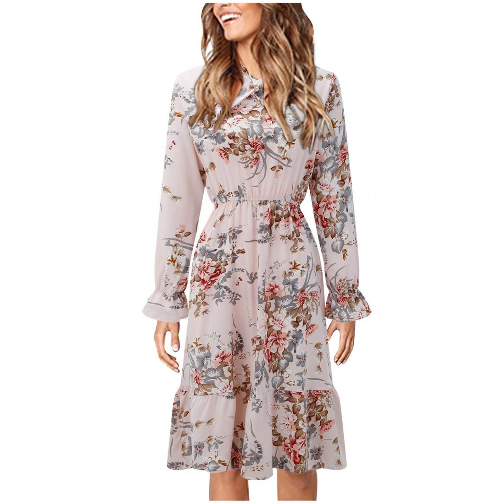 SCKARLE Women's Floral Print Long Sleeve Flared Cuff Ruffle Midi Dress - Elegant Summer Casual Flowy Dress for Outdoor Parties, Date Nights & Vacation Wear