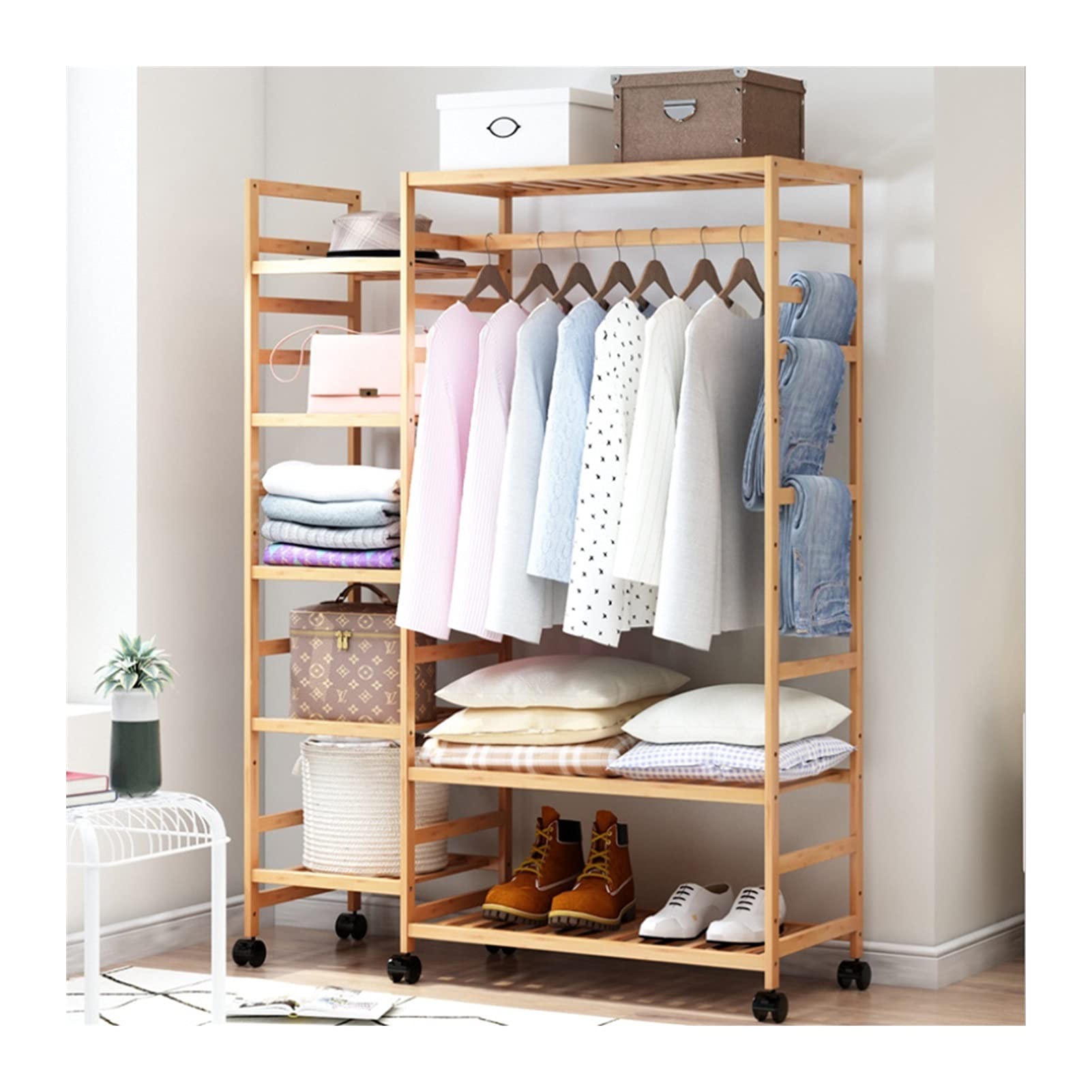 LLLD Bamboo Clothes Rack - Open Frame Garment Wardrobe Organizer with 360° Rotating Wheels - Natural Wood Storage Cabinet for Dresses, Pants, Shoes & Hats (95x33x150cm) - Perfect for Bedroom, Closet & Laundry Room Organization