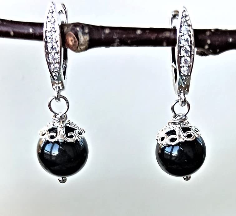 Black Obsidian Earrings for Women - Handmade Natural Gemstone Dangle Drop Earrings - Black Beaded Earrings with Cubic Zirconia - Perfect for Everyday Wear, Office, Parties & Special Occasions