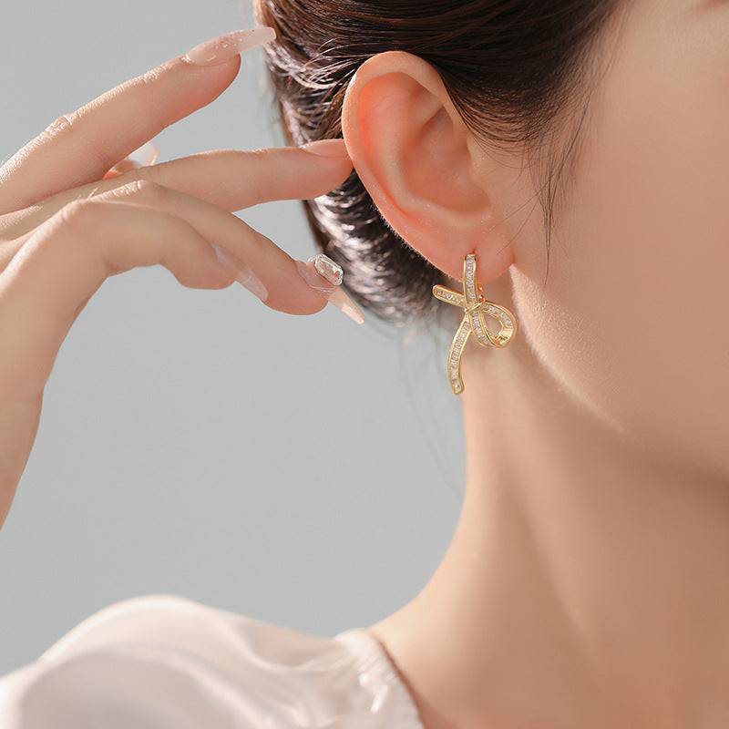 14K Gold Plated Bow Ribbon Clip-On Hoop Earrings for Women | Elegant Dangle Earrings for Parties, Weddings & Daily Wear | A7423