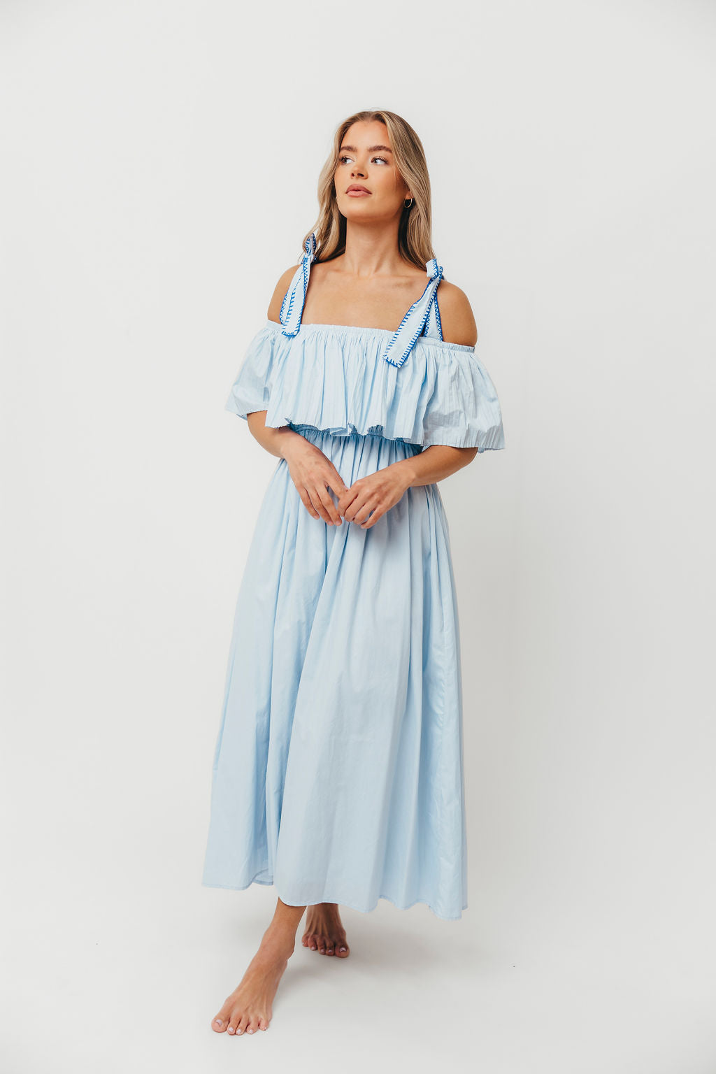 Aviva 100% Cotton Pleated Off Shoulder Midi Dress - Light Blue Summer Dress for Beach, Wedding & Casual Outings