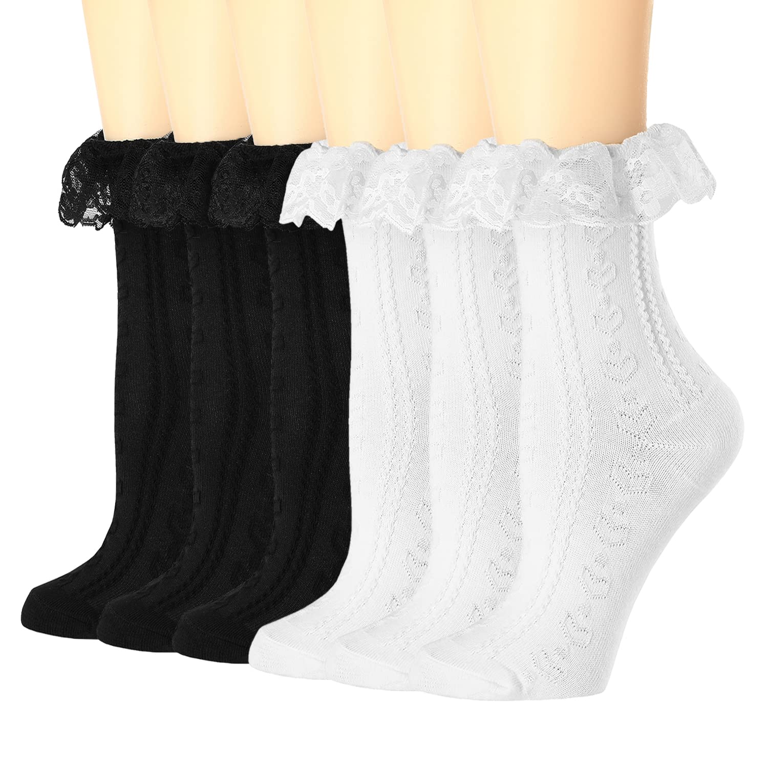 BIVOLU Women's Lace Ruffle Crew Socks - 6 Pack Cute Cotton Ankle Dress Socks for Girls | Princess Style, Comfortable & Breathable | Perfect for School, Parties, and Everyday Wear
