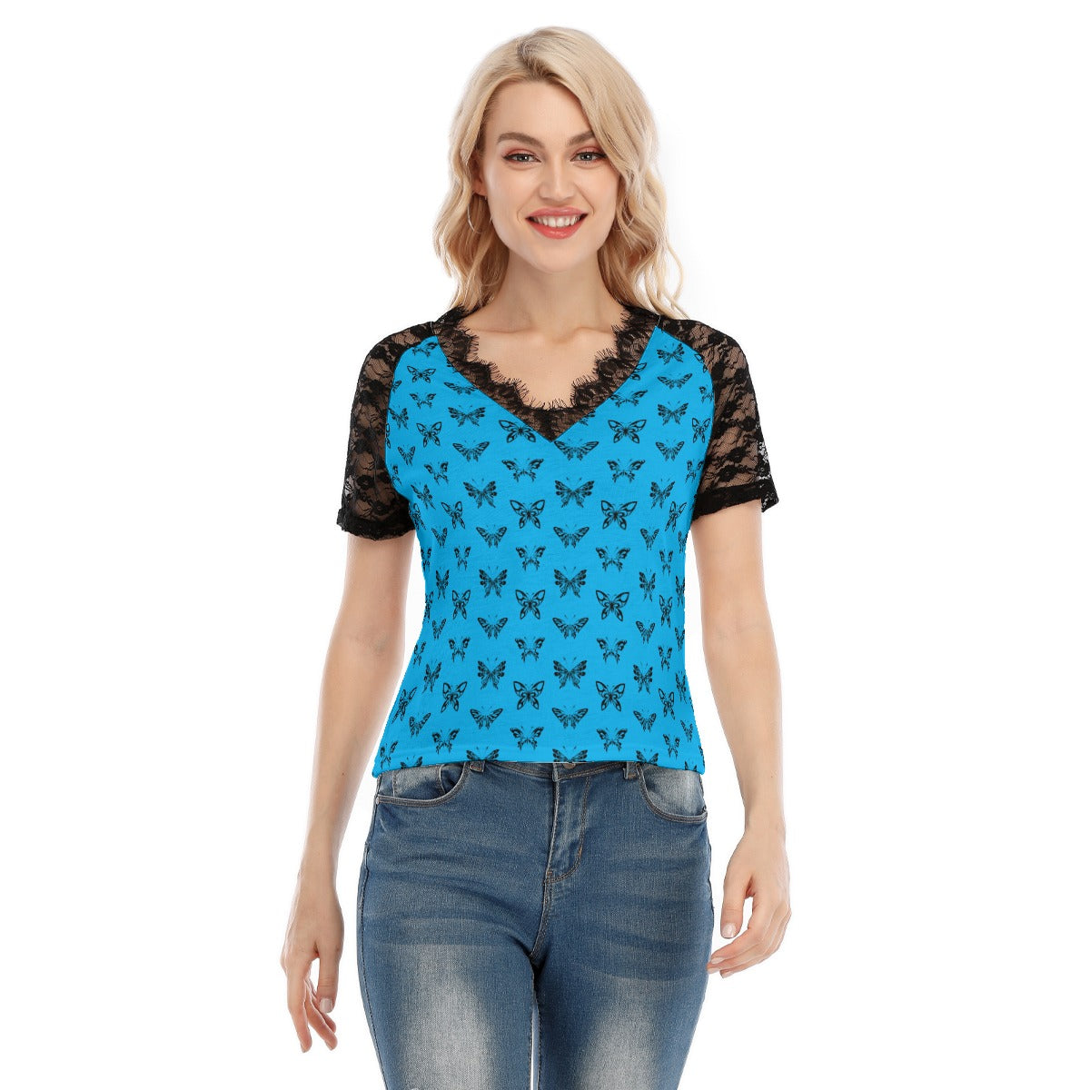 Ink Butterflies V-Neck Lace T-Shirt for Women - Elegant Floral Print Top for Casual Wear, Date Night & Summer Outfits