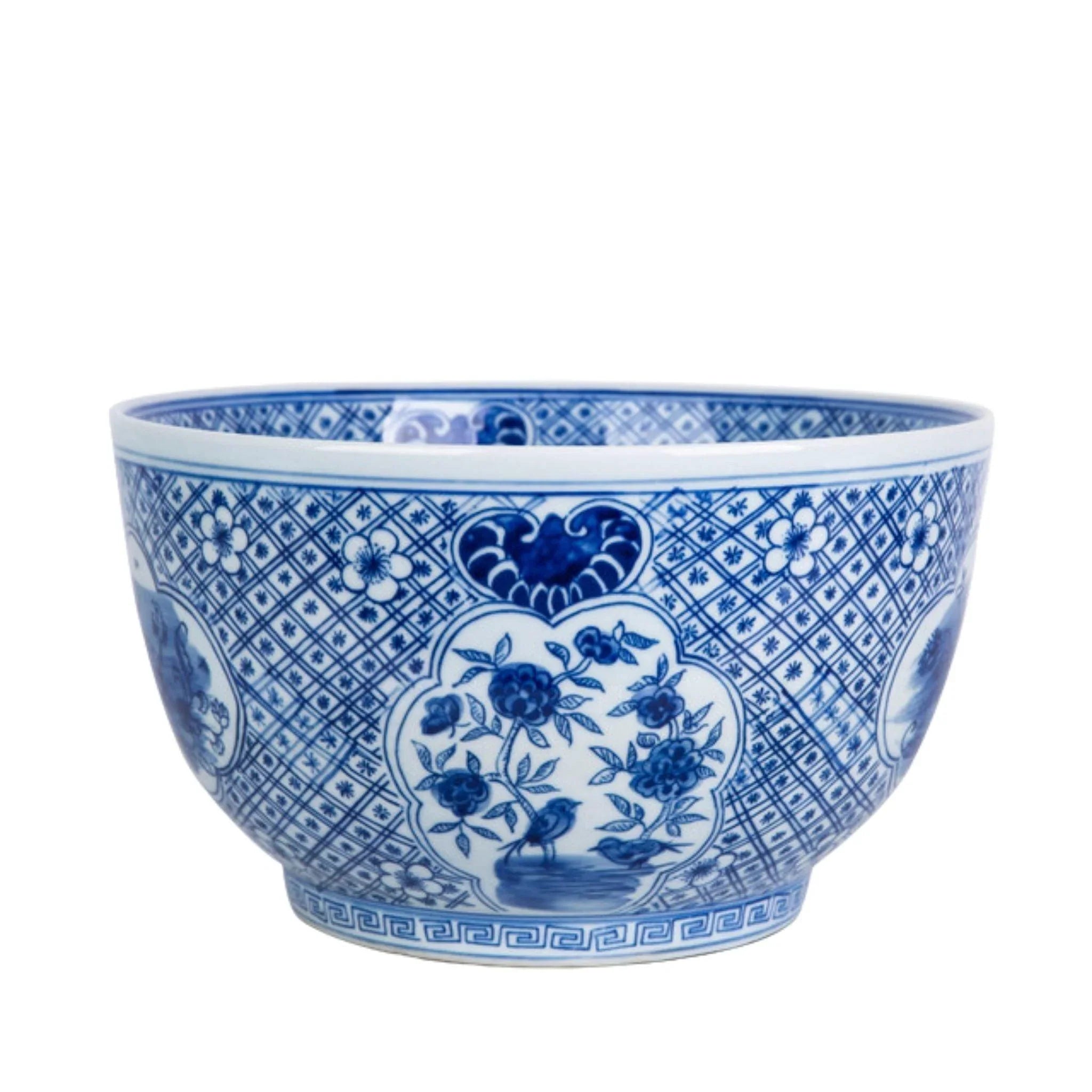 Blue and White Medallion Floral Bird Porcelain Bowl - Handcrafted Chinese Ceramic Serving Dish for Soup, Noodles, or Decorative Display