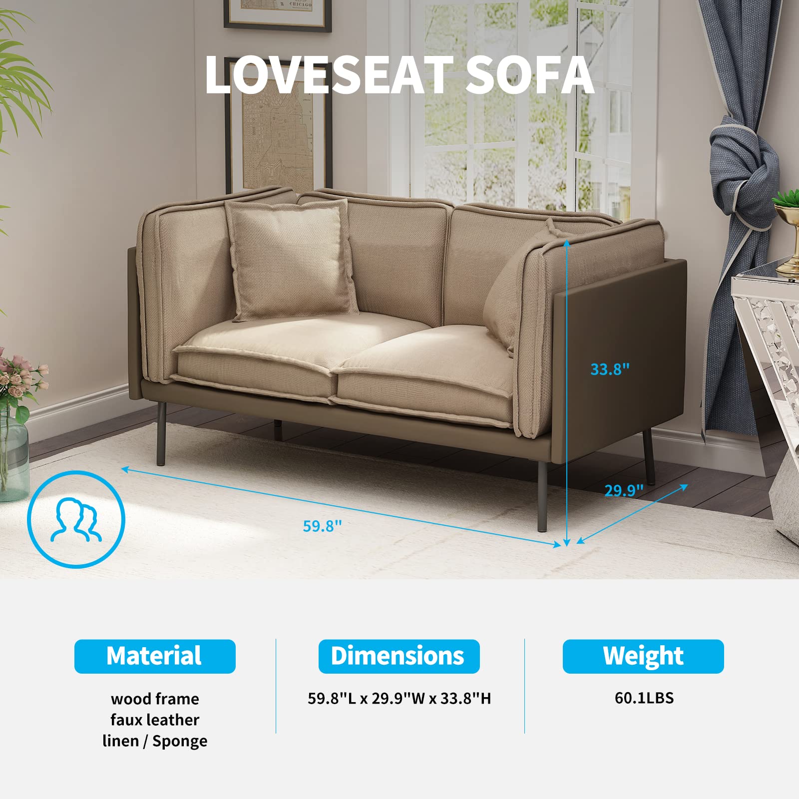 BALUS Loveseat Sofa Couch - Genuine Faux Leather Small Space Furniture for Bedroom & Living Room | Compact Modern Design for Apartments, Dorms & Cozy Spaces