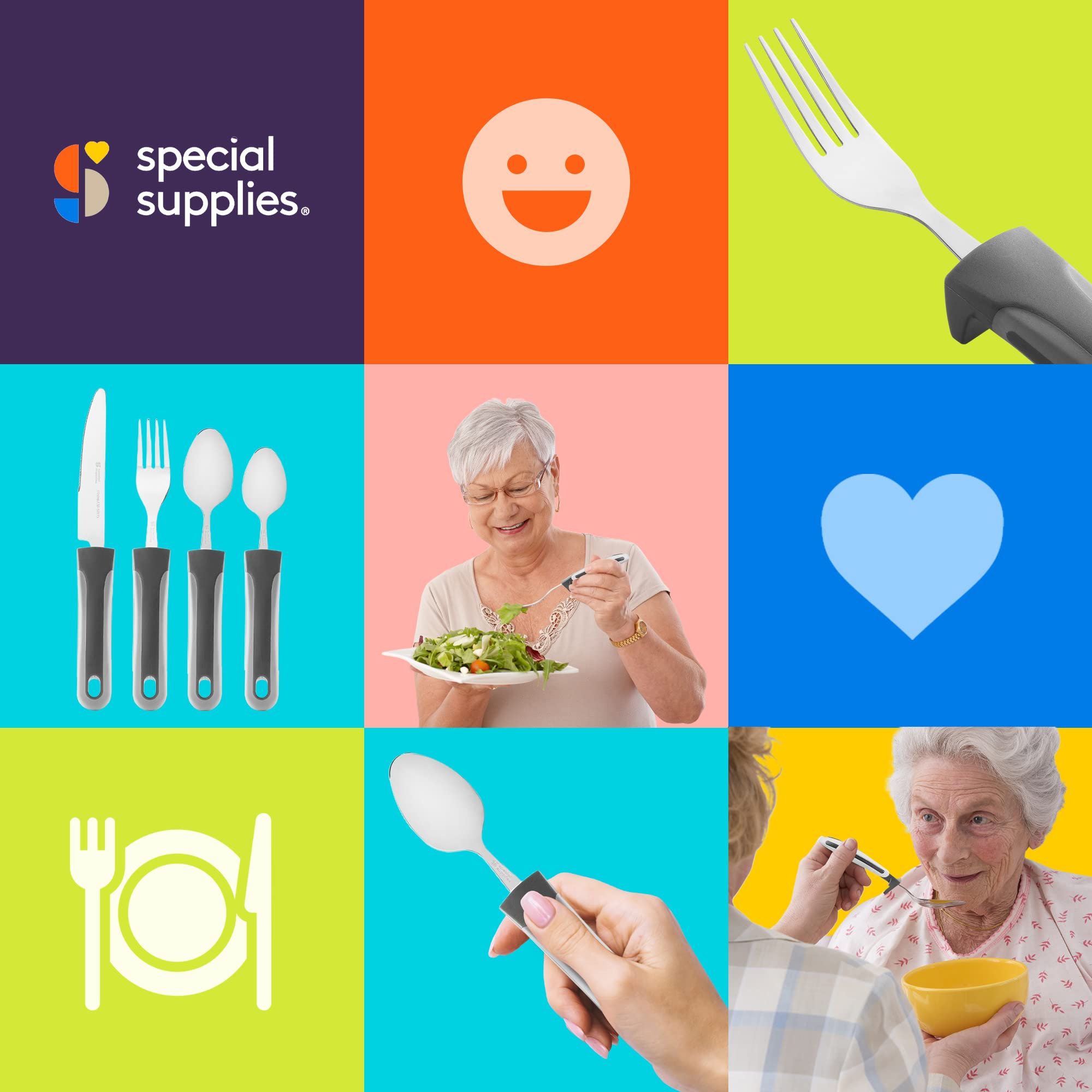 Special Supplies Adaptive Utensils Set for Hand Tremors & Arthritis - 4-Piece Kitchen Tools with Non-Slip Handles (Stainless Steel Knife, Fork, Spoons) - Ideal for Parkinson’s, Elderly & Disabled Users - Gray Striped Design for Easy Grip & Comfortable Dining